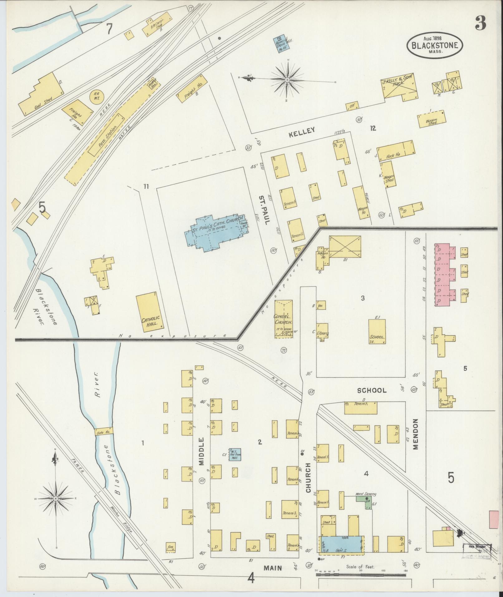 Sanborn Fire Insurance Map from Blackstone, Worcester County, Massachusetts (1898), Sheet #0003 - Complete Map Set gallery image, historic Sanborn map, vintage wall art, Massachusetts Massachusetts
