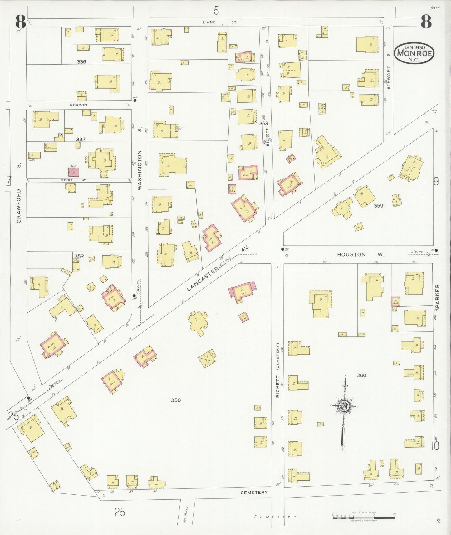 Sanborn Fire Insurance Map from Monroe, Union County, North Carolina (1930), Sheet #0008 - Complete Map Set gallery image, historic Sanborn map, vintage wall art, North Carolina North Carolina