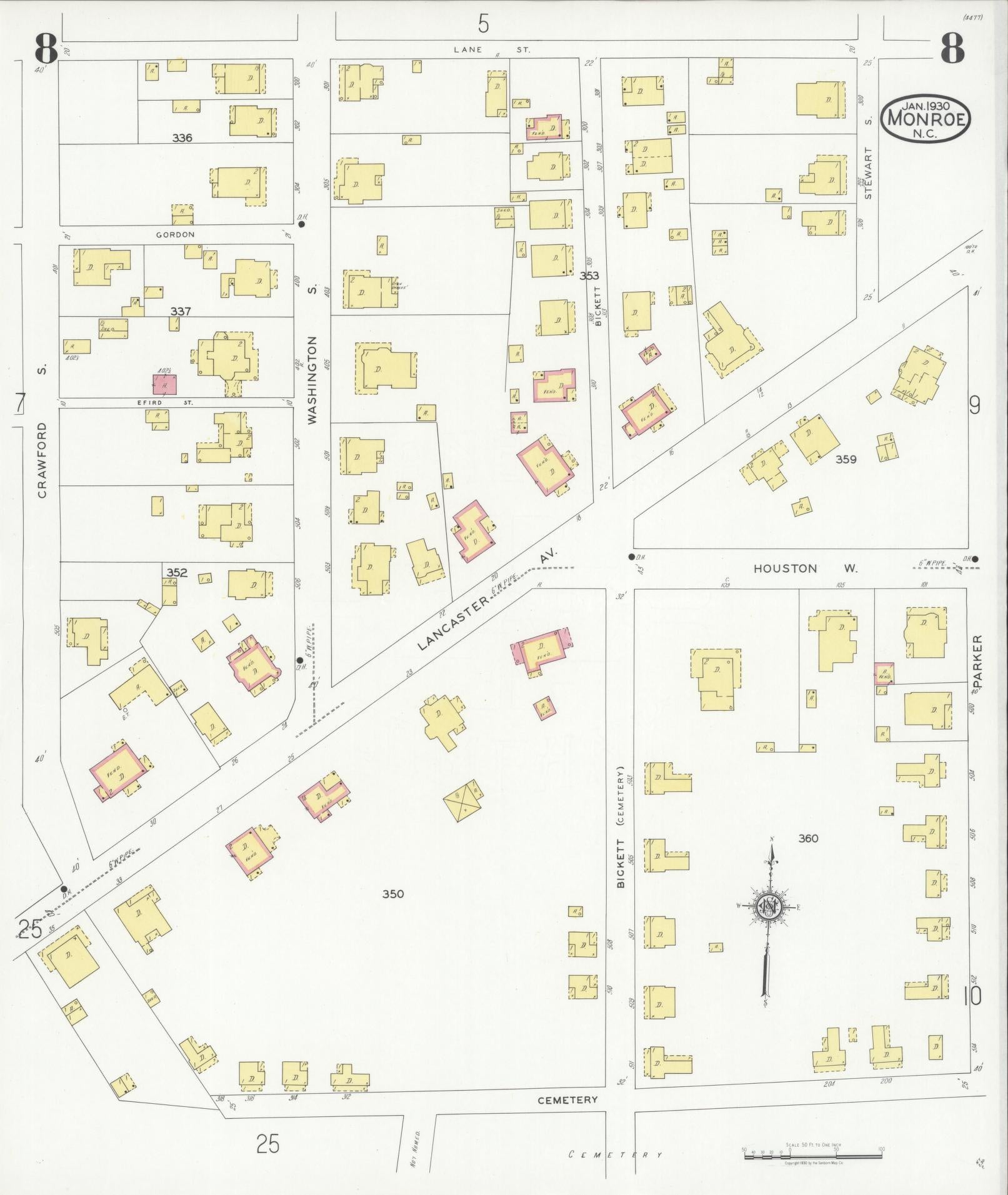 Sanborn Fire Insurance Map from Monroe, Union County, North Carolina (1930), Sheet #0008 - Complete Map Set gallery image, historic Sanborn map, vintage wall art, North Carolina North Carolina
