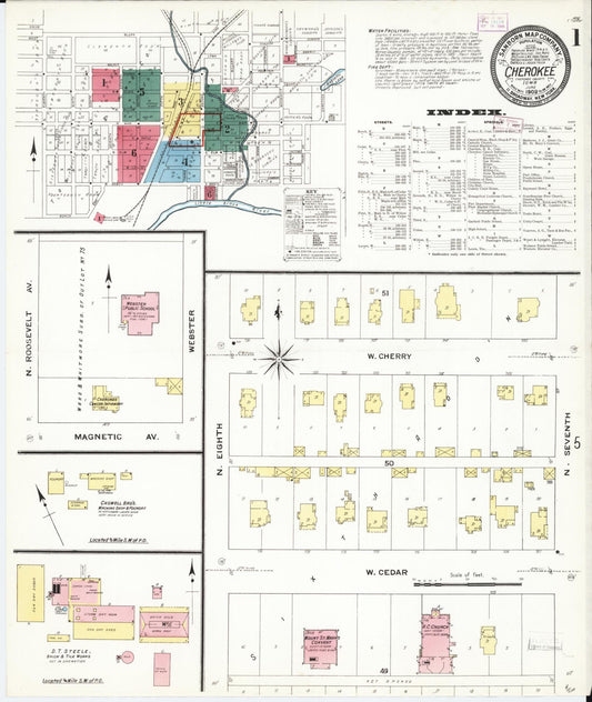 Sanborn Fire Insurance Map from Cherokee, Cherokee County, Iowa (1909), Sheet #0001 - Historic Sanborn Fire Insurance Map Print, vintage old map wall art