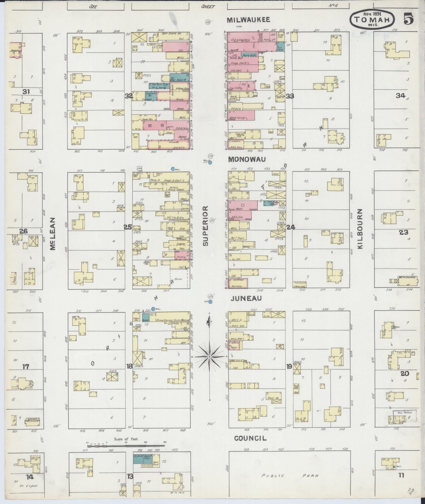 Sanborn Fire Insurance Map from Tomah, Monroe County, Wisconsin (1891), Sheet #0005 - Historic Sanborn Fire Insurance Map Print, vintage old map wall art, antique decor, genealogy gift, Wisconsin Wisconsin map