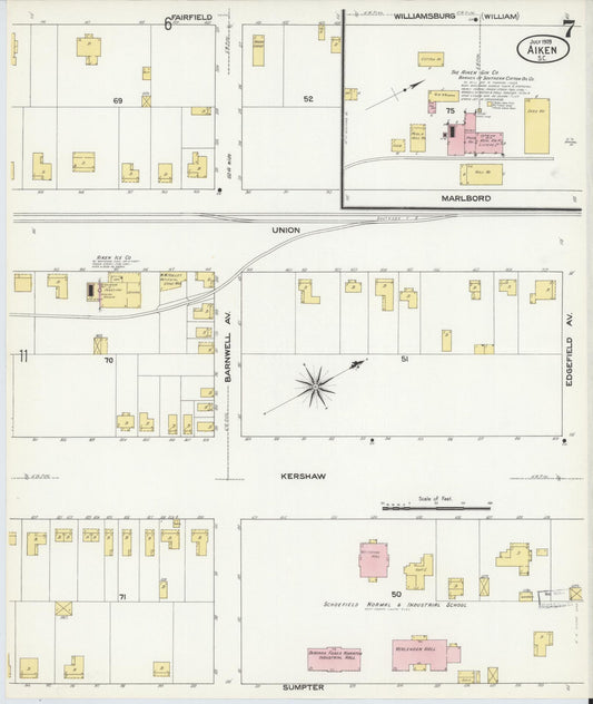 Sanborn Fire Insurance Map from Aiken, Aiken County, South Carolina (1909), Sheet #0007 - Historic Sanborn Fire Insurance Map Print, vintage old map wall art, antique decor, genealogy gift, South Carolina South Carolina map
