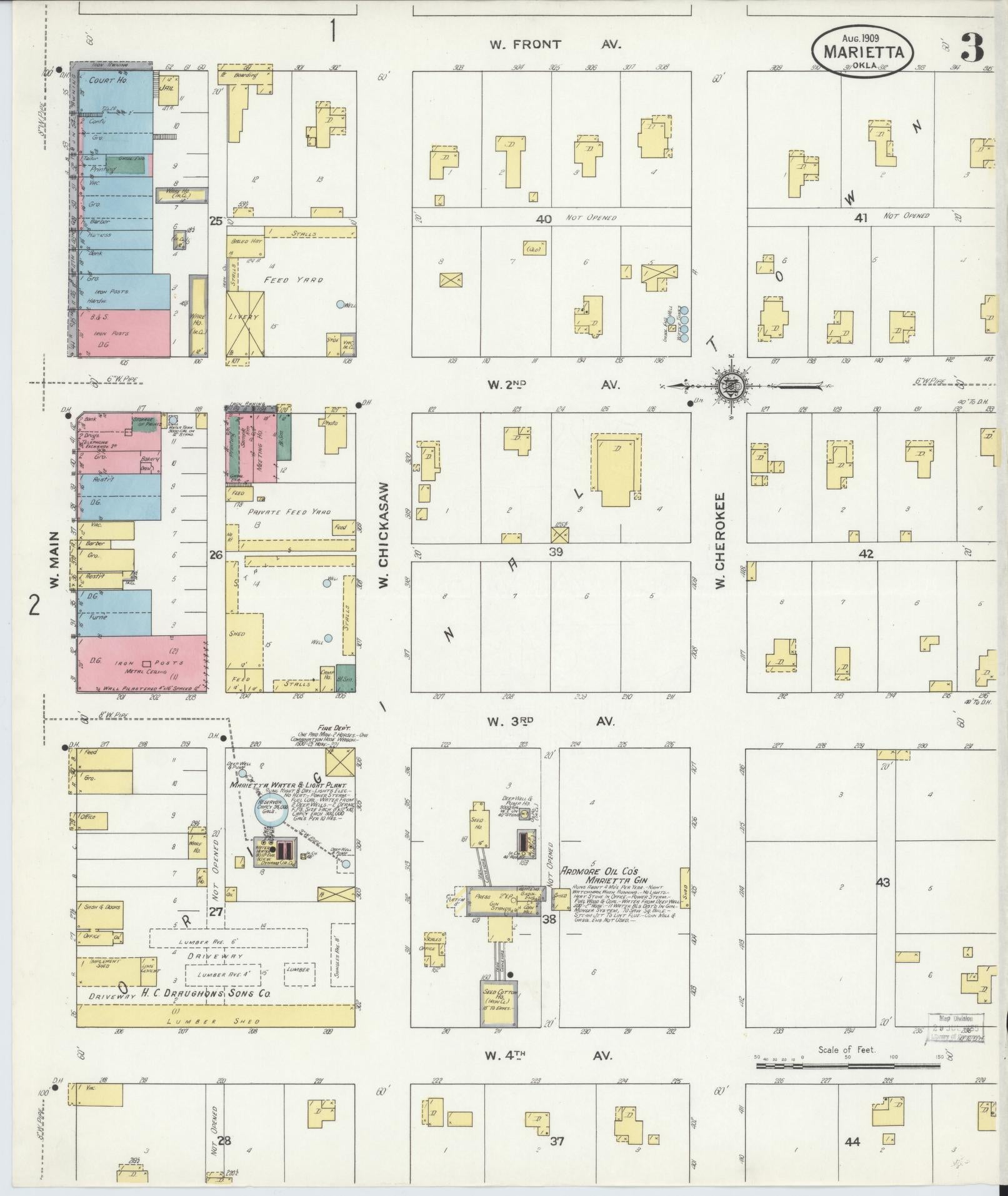 Sanborn Fire Insurance Map from Marietta, Love County, Oklahoma (1909), Sheet #0003 - Historic Sanborn Fire Insurance Map Print, vintage old map wall art, antique decor, genealogy gift, Oklahoma Oklahoma map