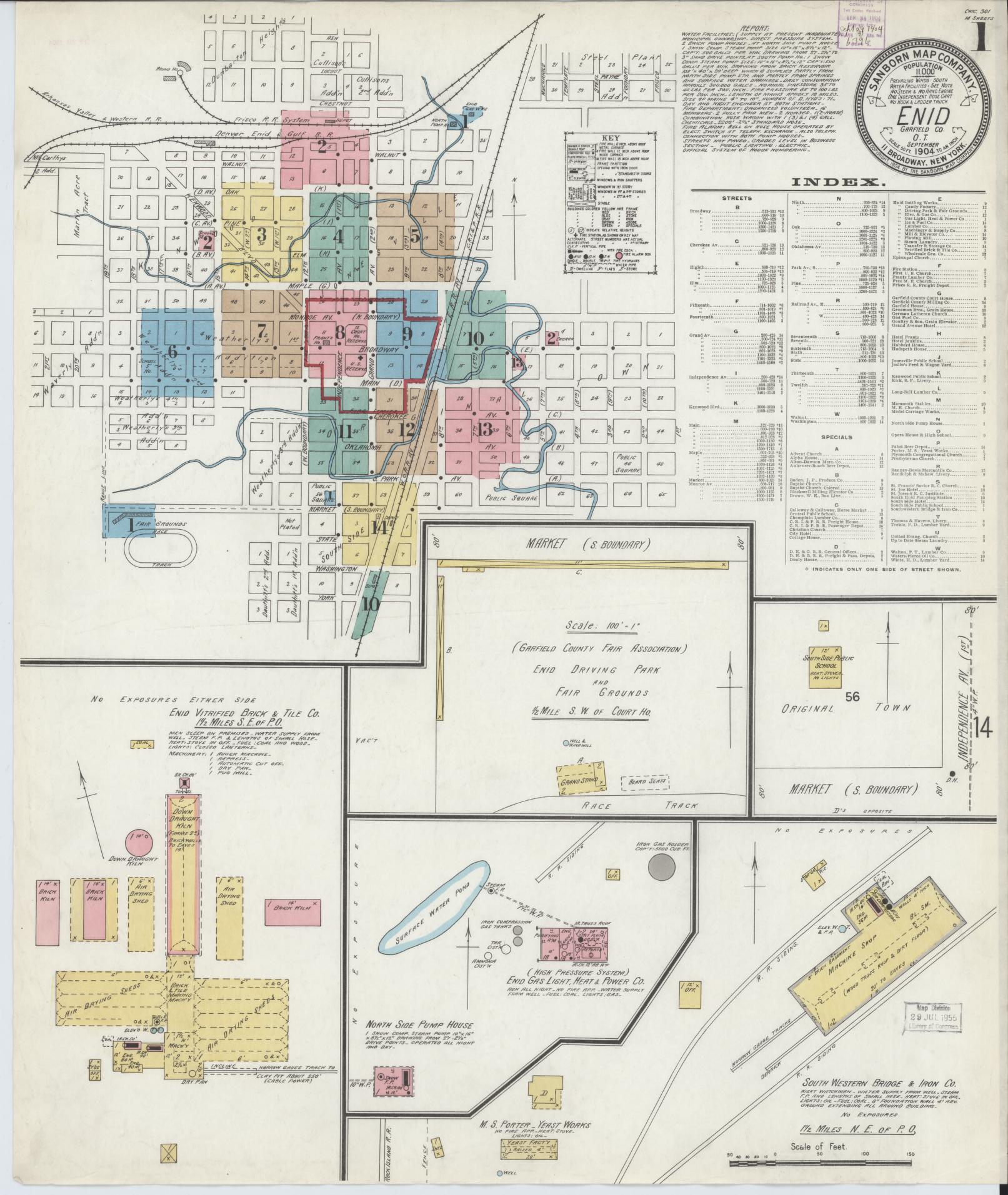 Sanborn Fire Insurance Map from Enid, Garfield County, Oklahoma (1904), Sheet #0001 - Historic Sanborn Fire Insurance Map Print, vintage old map wall art, antique decor, genealogy gift, Oklahoma Oklahoma map