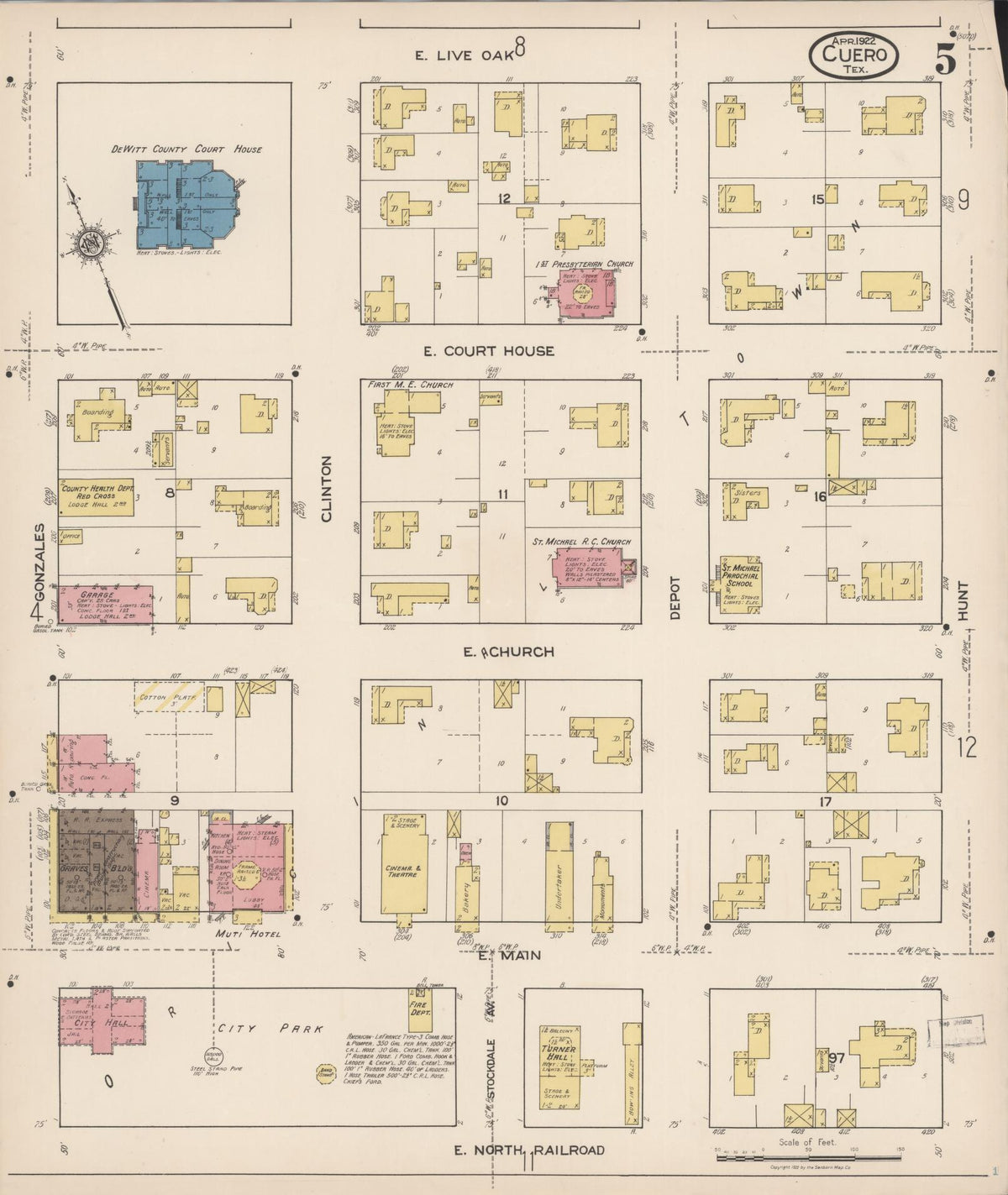 Sanborn Fire Insurance Map from Cuero, De Witt County, Texas (1922), Sheet #0005 - Historic Sanborn Fire Insurance Map Print, vintage old map wall art, antique decor, genealogy gift, Texas Texas map