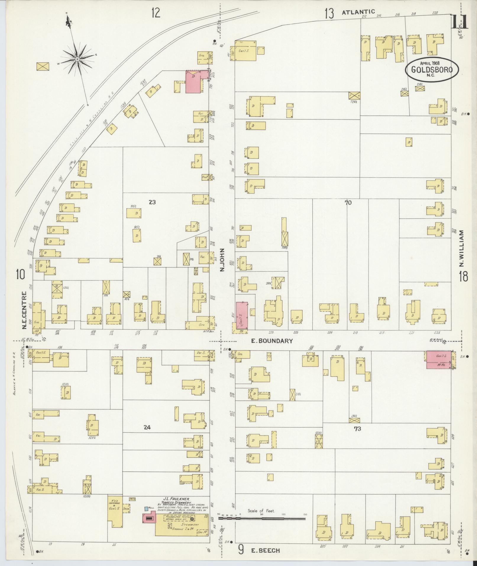 Sanborn Fire Insurance Map from Goldsboro, Wayne County, North Carolina (1908), Sheet #0011 - Historic Sanborn Fire Insurance Map Print, vintage old map wall art, antique decor, genealogy gift, North Carolina North Carolina map