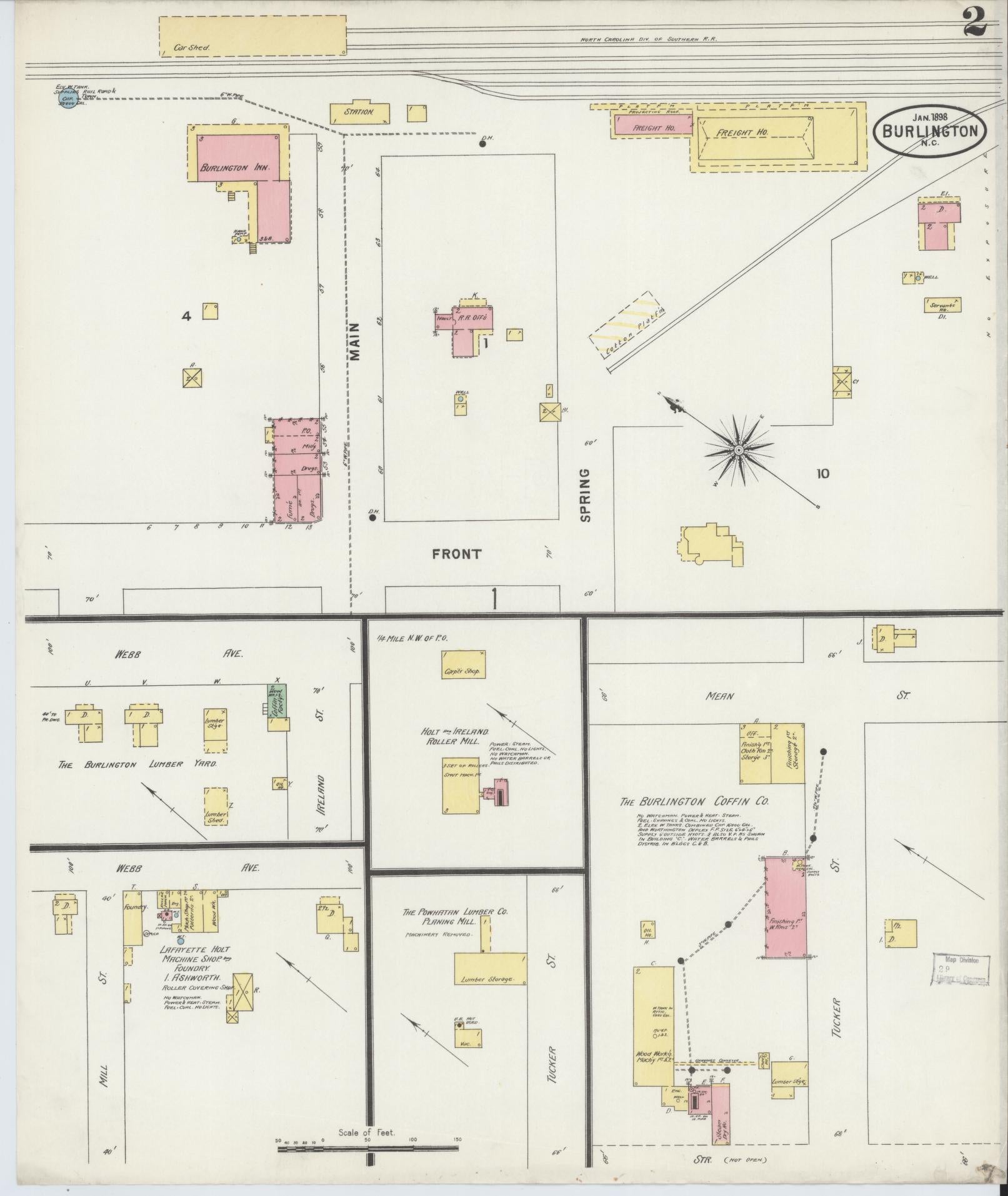 Sanborn Fire Insurance Map from Burlington, Alamance County, North Carolina (1898), Sheet #0002 - Historic Sanborn Fire Insurance Map Print, vintage old map wall art, antique decor, genealogy gift, North Carolina North Carolina map