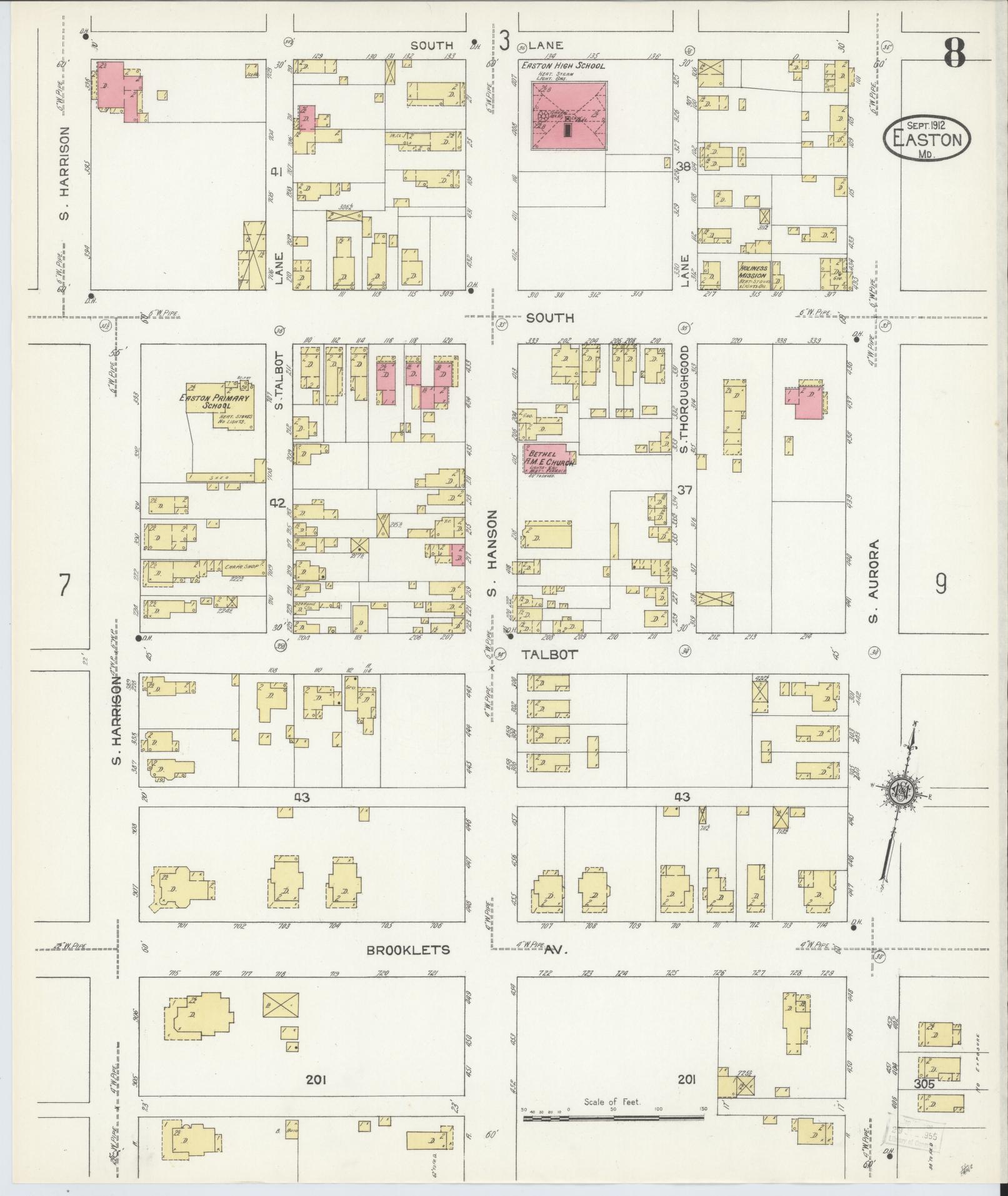 Talbot, Maryland - 1912 - Sanborn Fire Insurance Map, Sheet #0008 - Historic Sanborn Fire Insurance Map Print, Talbot Maryland 1912 0008 vintage old map wall art
