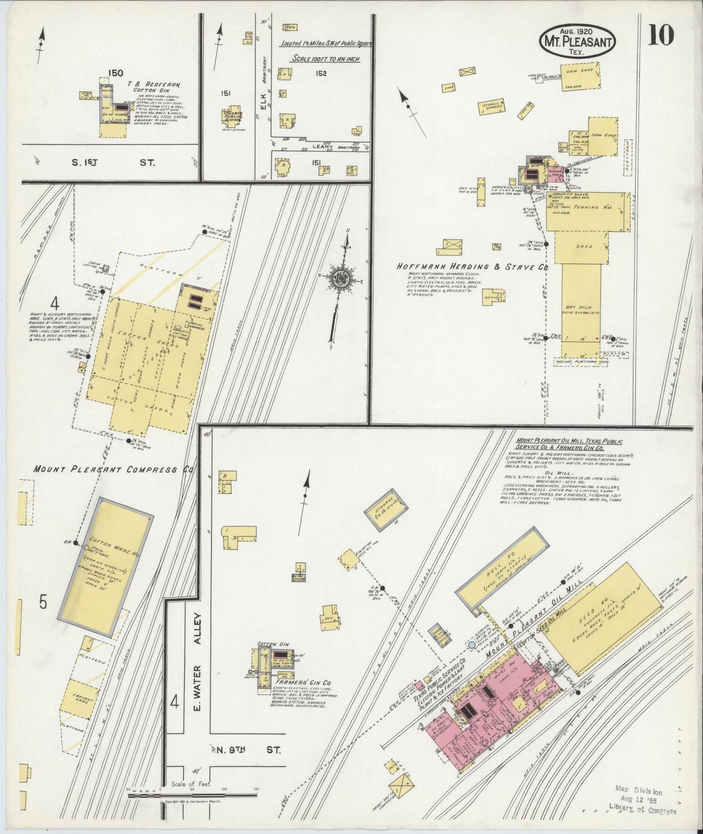 Sanborn Fire Insurance Map from Mount Pleasant, Titus County, Texas (1920), Sheet #0010 - Historic Sanborn Fire Insurance Map Print, vintage old map wall art, antique decor, genealogy gift, Texas Texas map