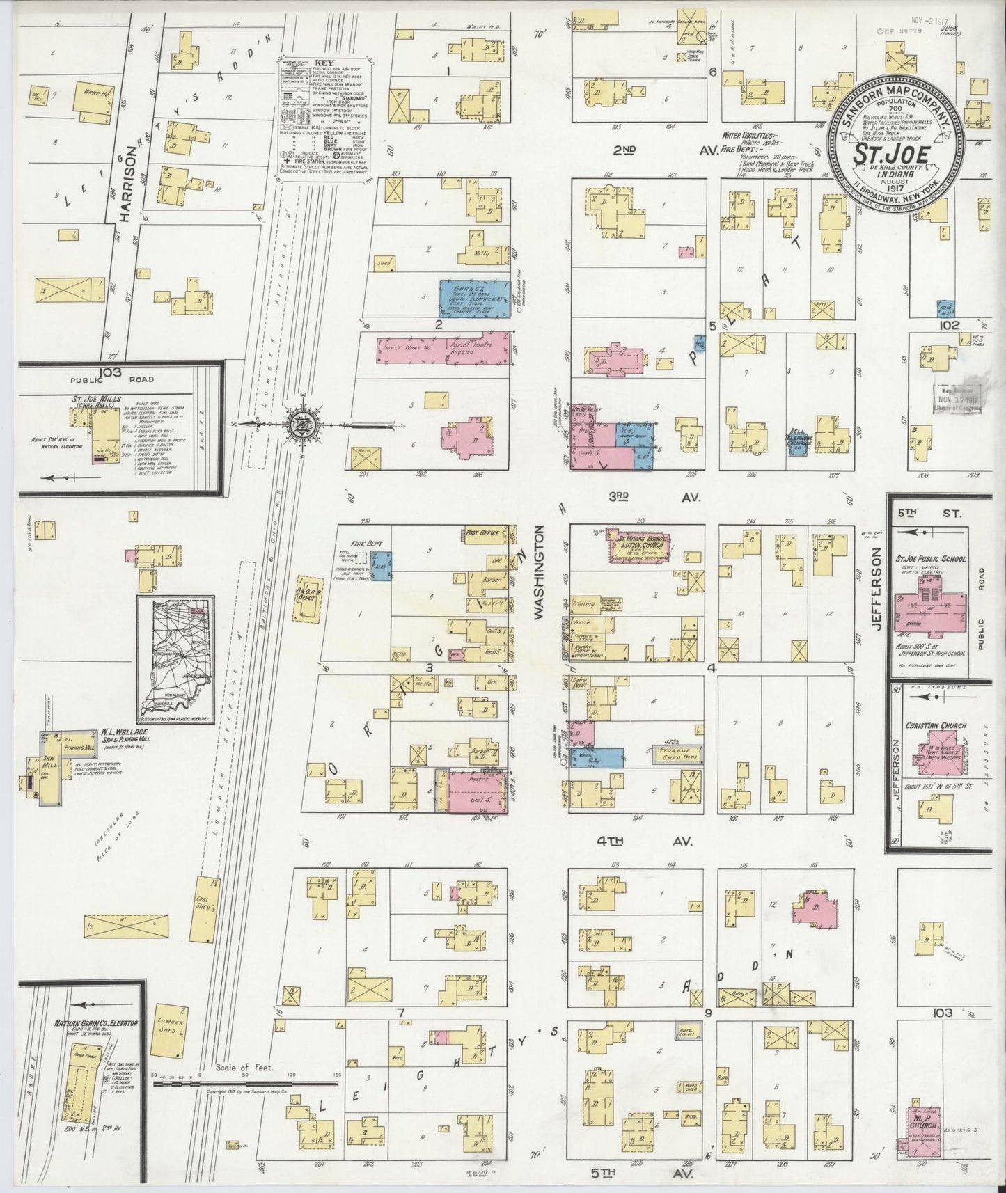 Sanborn Fire Insurance Map from Saint Joe, De Kalb County, Indiana (1917), Sheet #0001 - Historic Sanborn Fire Insurance Map Print, vintage old map wall art, antique decor, genealogy gift, Indiana Indiana map