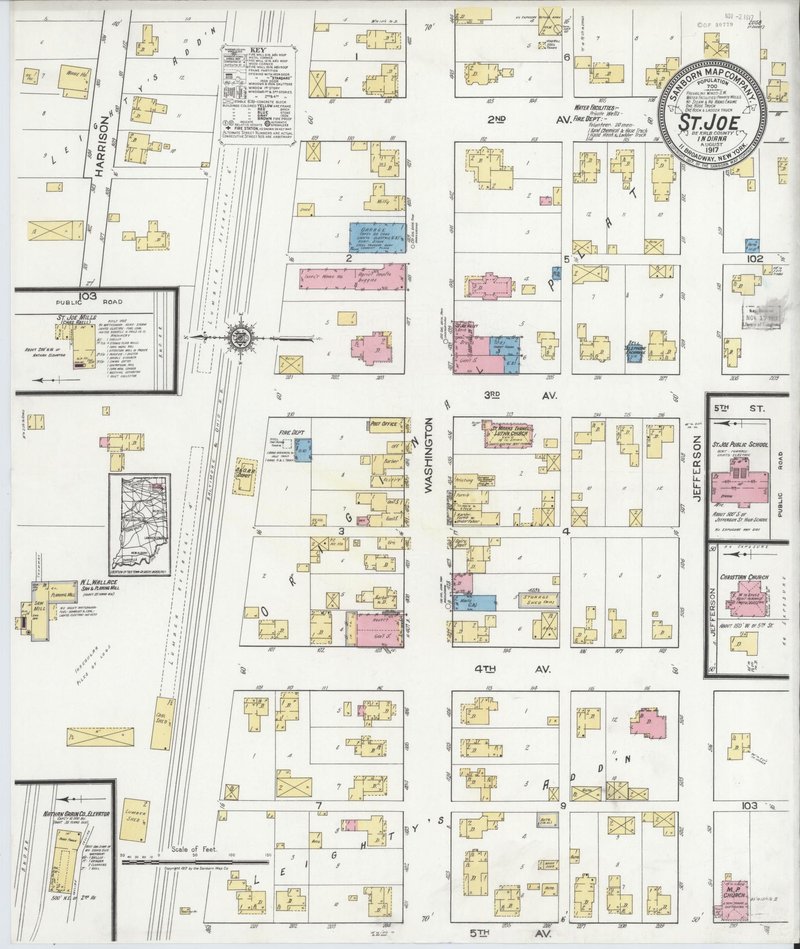 Sanborn Fire Insurance Map from Saint Joe, De Kalb County, Indiana (1917), Sheet #0001 - Historic Sanborn Fire Insurance Map Print, vintage old map wall art, antique decor, genealogy gift, Indiana Indiana map