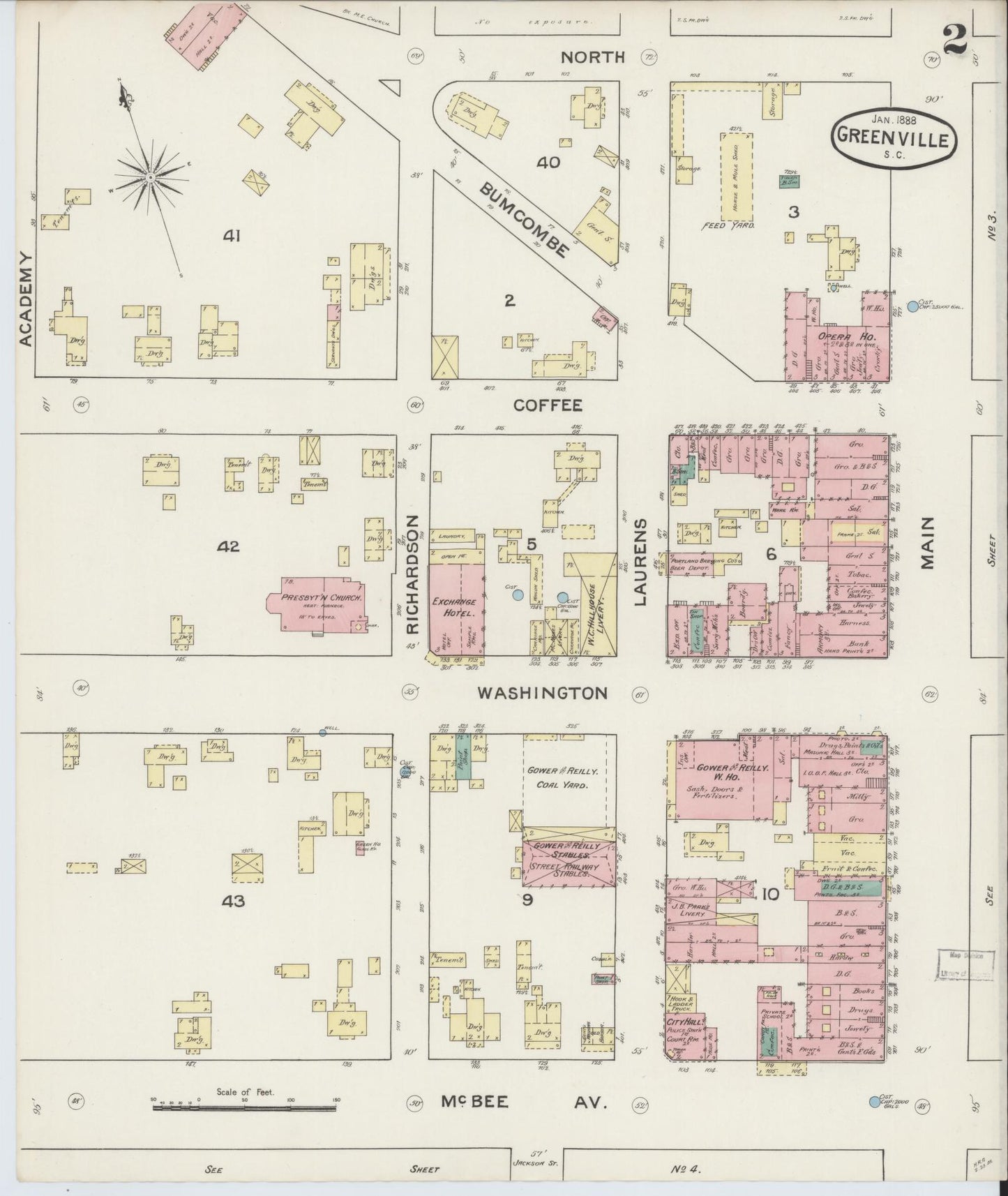 Sanborn Fire Insurance Map from Greenville, Greenville County, South Carolina (1888), Sheet #0002 - Complete Map Set gallery image, historic Sanborn map, vintage wall art, South Carolina South Carolina
