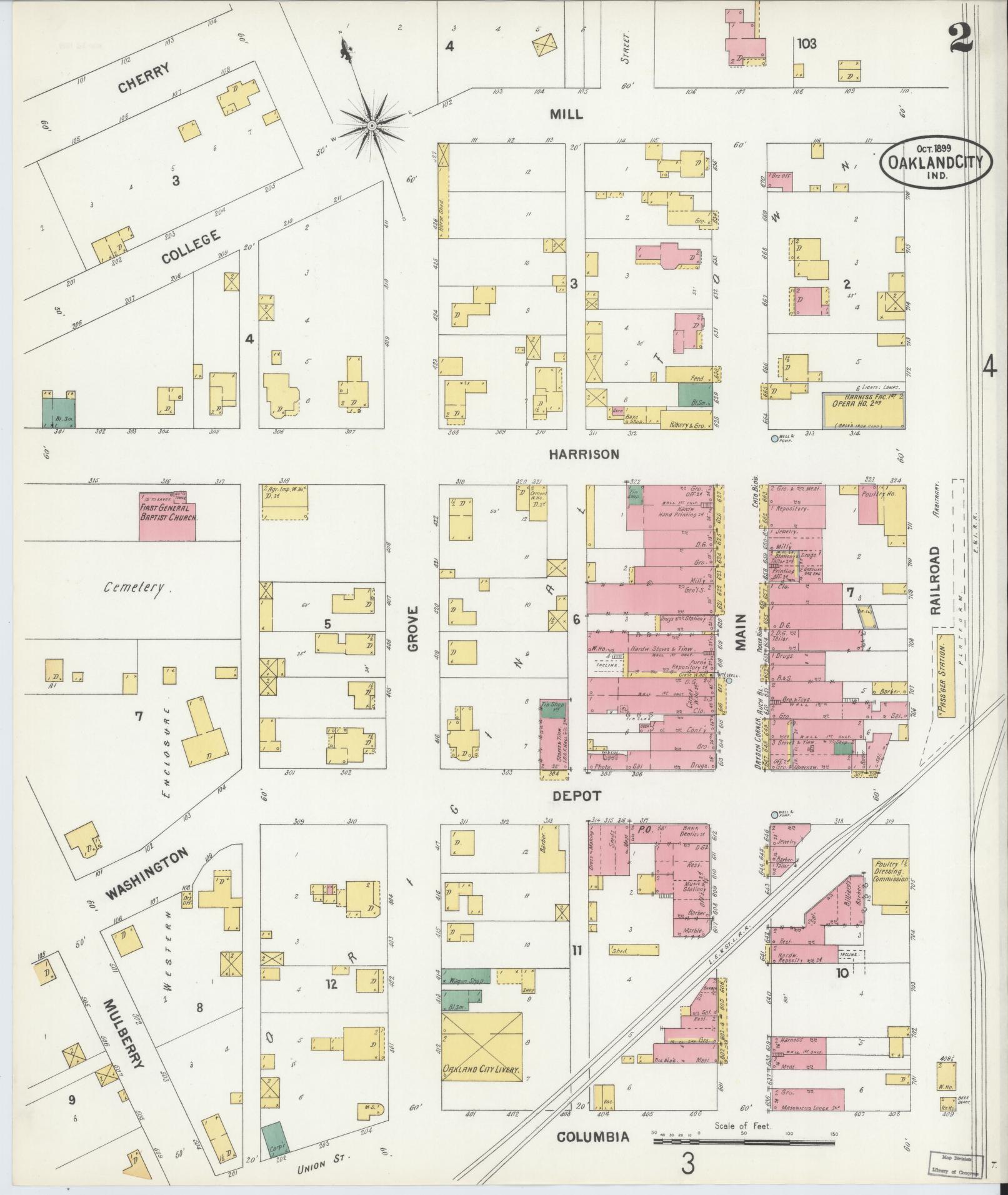 Sanborn Fire Insurance Map from Oakland City, Gibson County, Indiana (1899), Sheet #0002 - Complete Map Set gallery image, historic Sanborn map, vintage wall art, Indiana Indiana