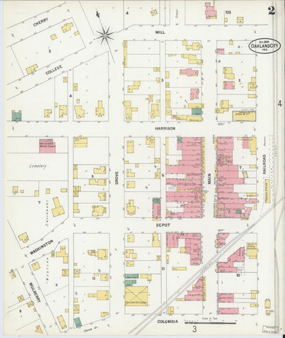 Sanborn Fire Insurance Map from Oakland City, Gibson County, Indiana (1899), Sheet #0002 - Complete Map Set gallery image, historic Sanborn map, vintage wall art, Indiana Indiana