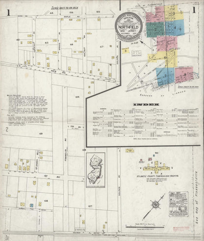 Sanborn Fire Insurance Map from Northfield, Atlantic County, New Jersey (1924), Sheet #0001 - Historic Sanborn Fire Insurance Map Print, vintage old map wall art, antique decor, genealogy gift, New Jersey New Jersey map
