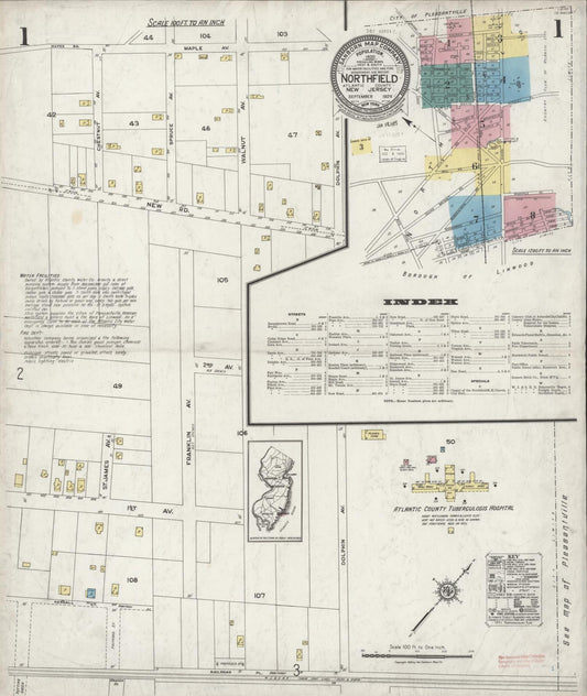 Sanborn Fire Insurance Map from Northfield, Atlantic County, New Jersey (1924), Sheet #0001 - Historic Sanborn Fire Insurance Map Print, vintage old map wall art, antique decor, genealogy gift, New Jersey New Jersey map