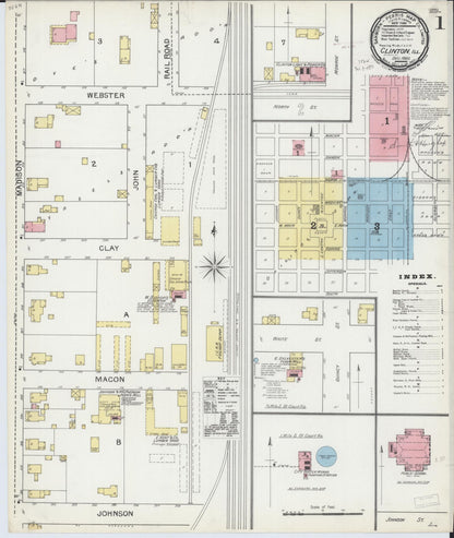 Sanborn Fire Insurance Map from Clinton, De Witt County, Illinois (1892), Sheet #0001 - Historic Sanborn Fire Insurance Map Print, vintage old map wall art, antique decor, genealogy gift, Illinois Illinois map