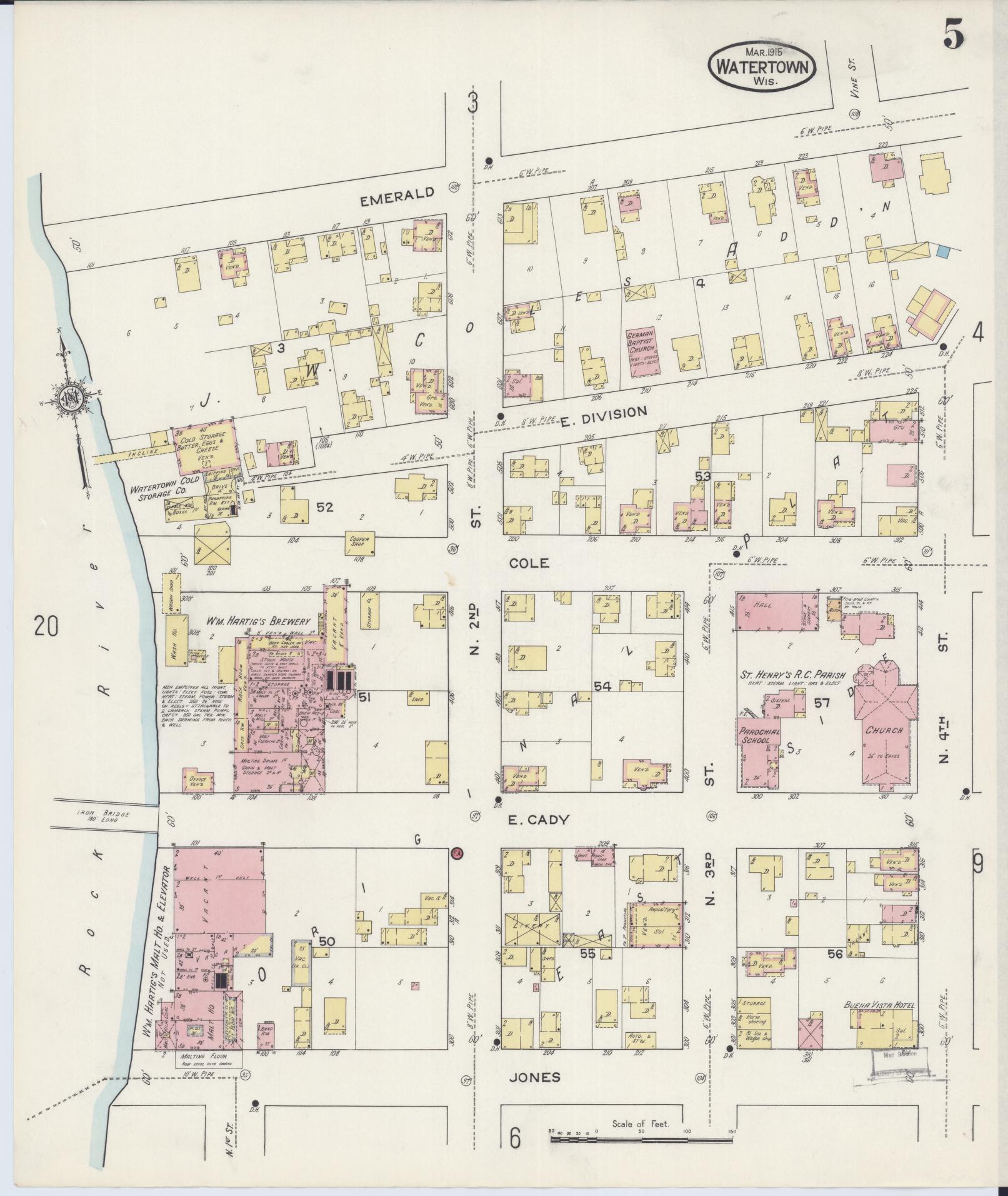 Sanborn Fire Insurance Map from Watertown, Jefferson County, Wisconsin (1915), Sheet #0006 - Historic Sanborn Fire Insurance Map Print, vintage old map wall art, antique decor, genealogy gift, Wisconsin Wisconsin map
