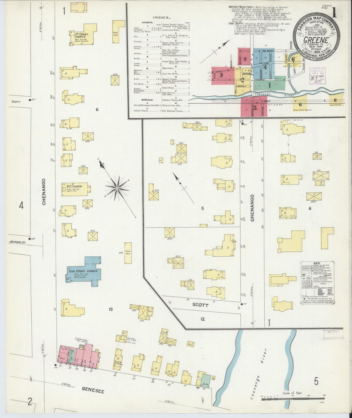 Sanborn Fire Insurance Map from Greene, Chenango County, New York (1908), Sheet #0001 - Historic Sanborn Fire Insurance Map Print, vintage old map wall art, antique decor, genealogy gift, New York New York map