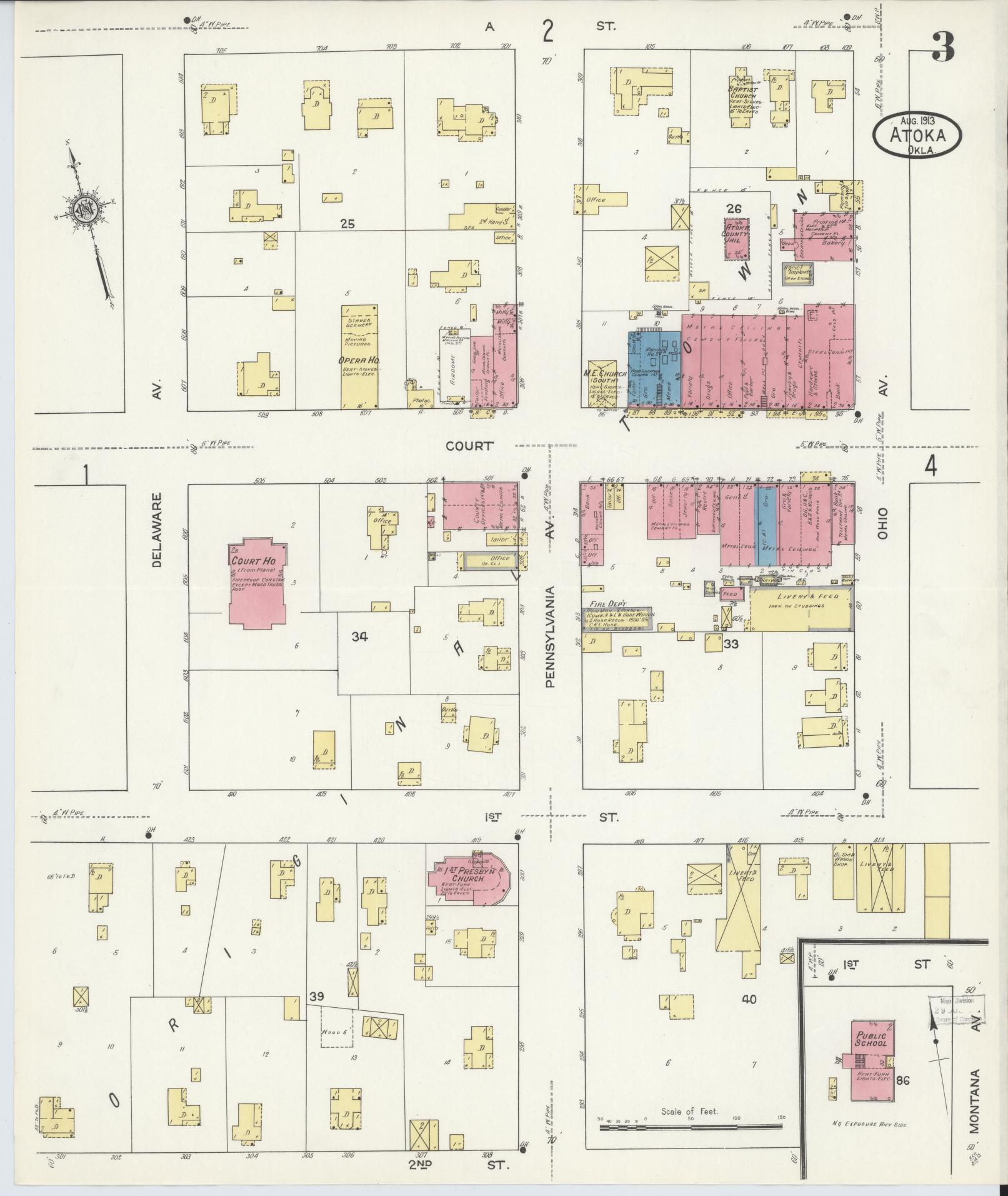 Sanborn Fire Insurance Map from Atoka, Atoka County, Oklahoma (1913), Sheet #0003 - Historic Sanborn Fire Insurance Map Print, vintage old map wall art, antique decor, genealogy gift, Oklahoma Oklahoma map