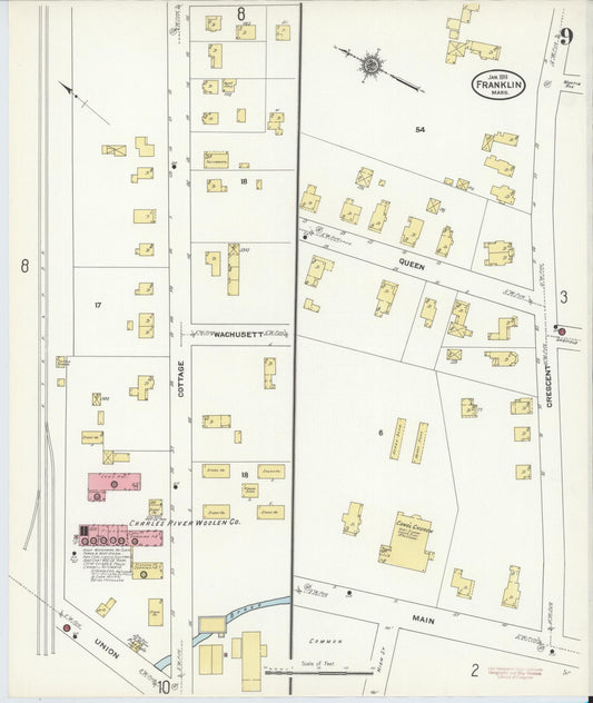 Sanborn Fire Insurance Map from Franklin, Norfolk County, Massachusetts (1911), Sheet #0009 - Historic Sanborn Fire Insurance Map Print, vintage old map wall art, antique decor, genealogy gift, Massachusetts Massachusetts map