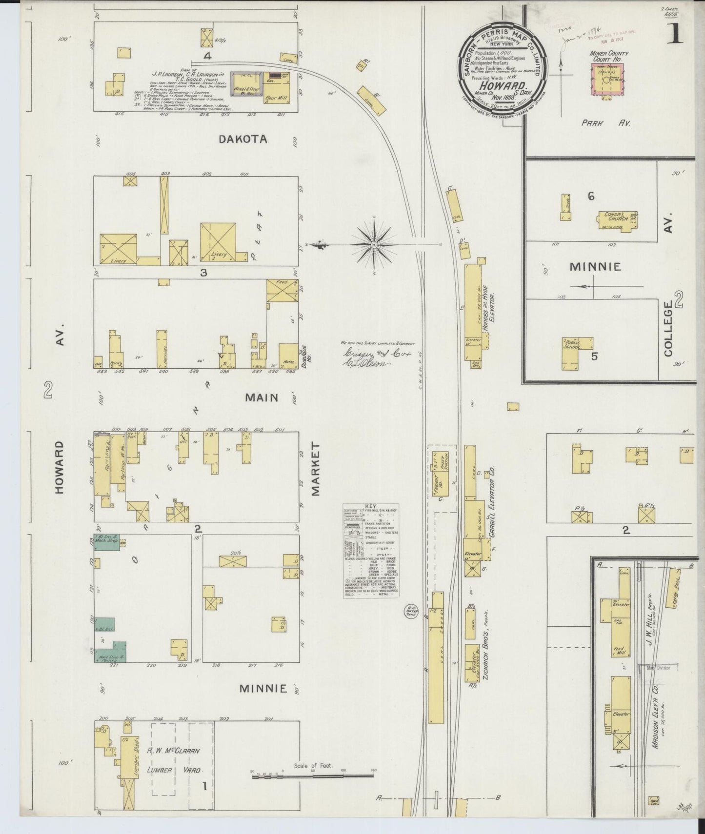 Sanborn Fire Insurance Map from Howard, Miner County, South Dakota. (1893) – Historic Sanborn Fire Insurance Map Print