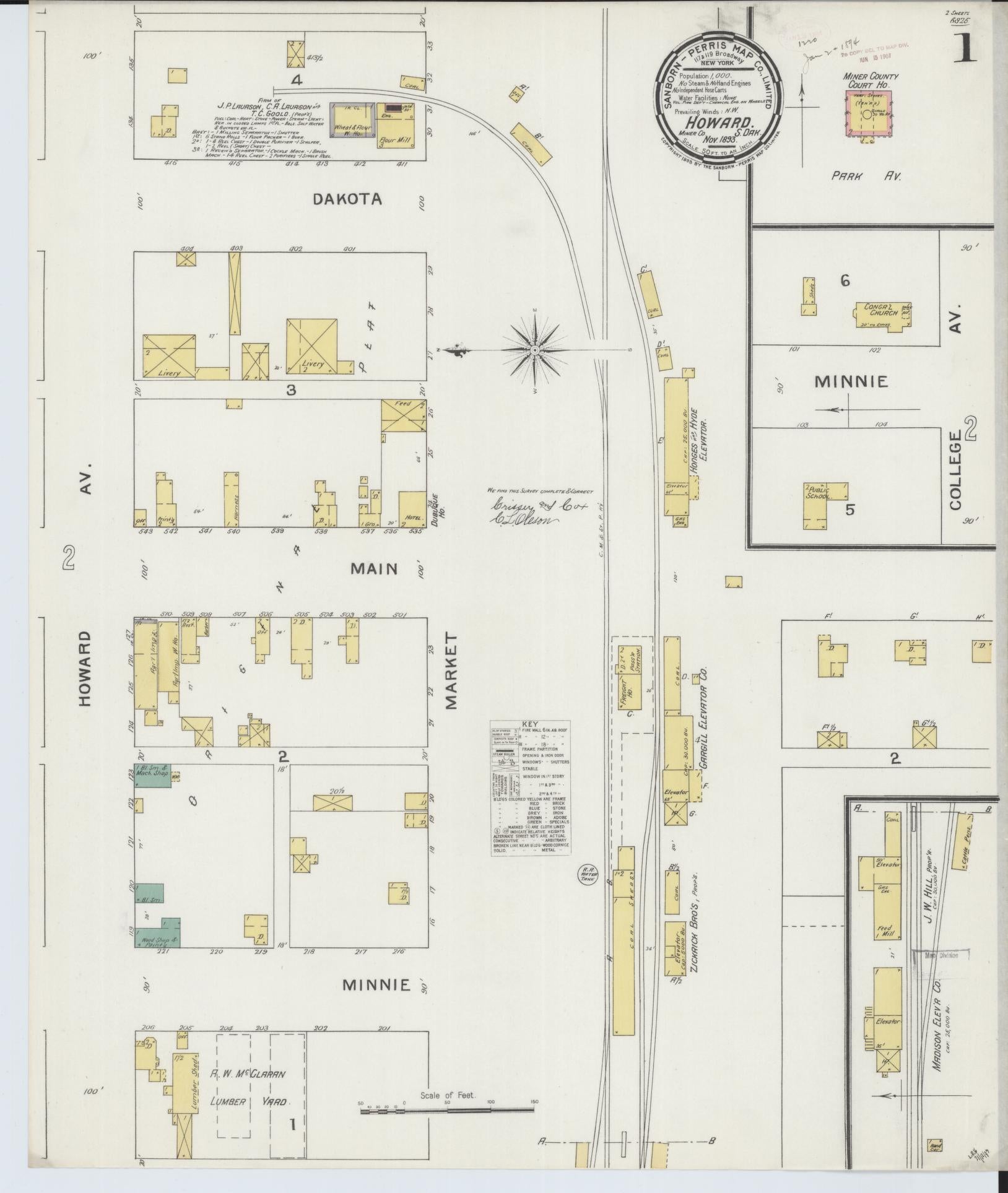 Sanborn Fire Insurance Map from Howard, Miner County, South Dakota. (1893) – Historic Sanborn Fire Insurance Map Print