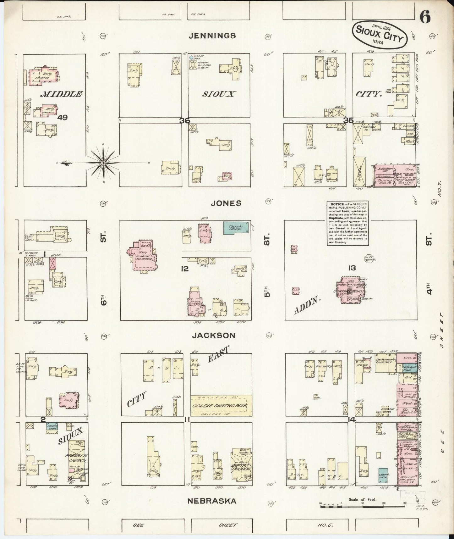 Sanborn Fire Insurance Map from Sioux City, Woodbury County, Iowa (1884), Sheet #0006 - Historic Sanborn Fire Insurance Map Print, vintage old map wall art