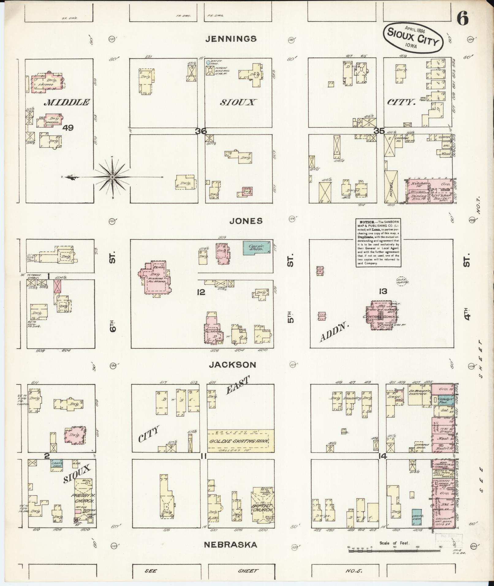 Sanborn Fire Insurance Map from Sioux City, Woodbury County, Iowa (1884), Sheet #0006 - Historic Sanborn Fire Insurance Map Print, vintage old map wall art