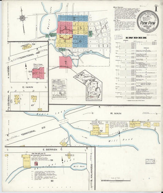 Sanborn Fire Insurance Map from Paw Paw, Van Buren County, Michigan (1922), Sheet #0001 - Historic Sanborn Fire Insurance Map Print, vintage old map wall art, antique decor, genealogy gift, Michigan Michigan map