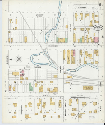 Sanborn Fire Insurance Map from Big Rapids, Mecosta County, Michigan (1899), Sheet #0006 - Historic Sanborn Fire Insurance Map Print, vintage old map wall art, antique decor, genealogy gift, Michigan Michigan map