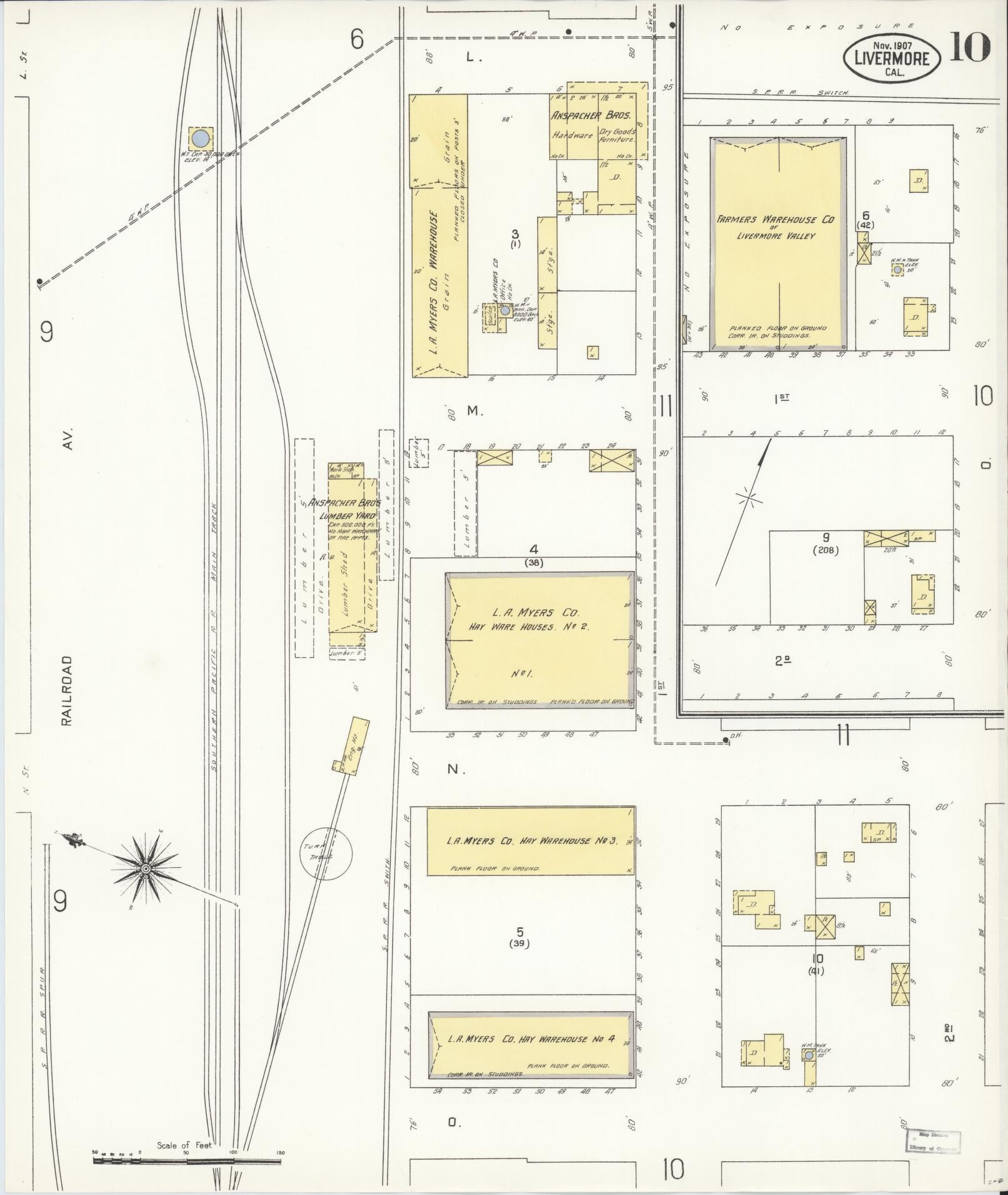 Sanborn Fire Insurance Map from Livermore, Alameda County, California (1907), Sheet #0010 - Historic Sanborn Fire Insurance Map Print, vintage old map wall art, antique decor, genealogy gift, California California map