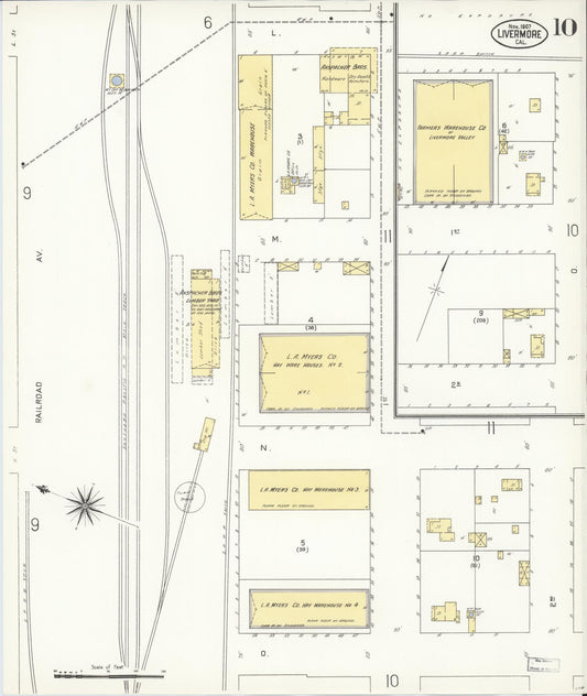 Sanborn Fire Insurance Map from Livermore, Alameda County, California (1907), Sheet #0010 - Historic Sanborn Fire Insurance Map Print, vintage old map wall art, antique decor, genealogy gift, California California map