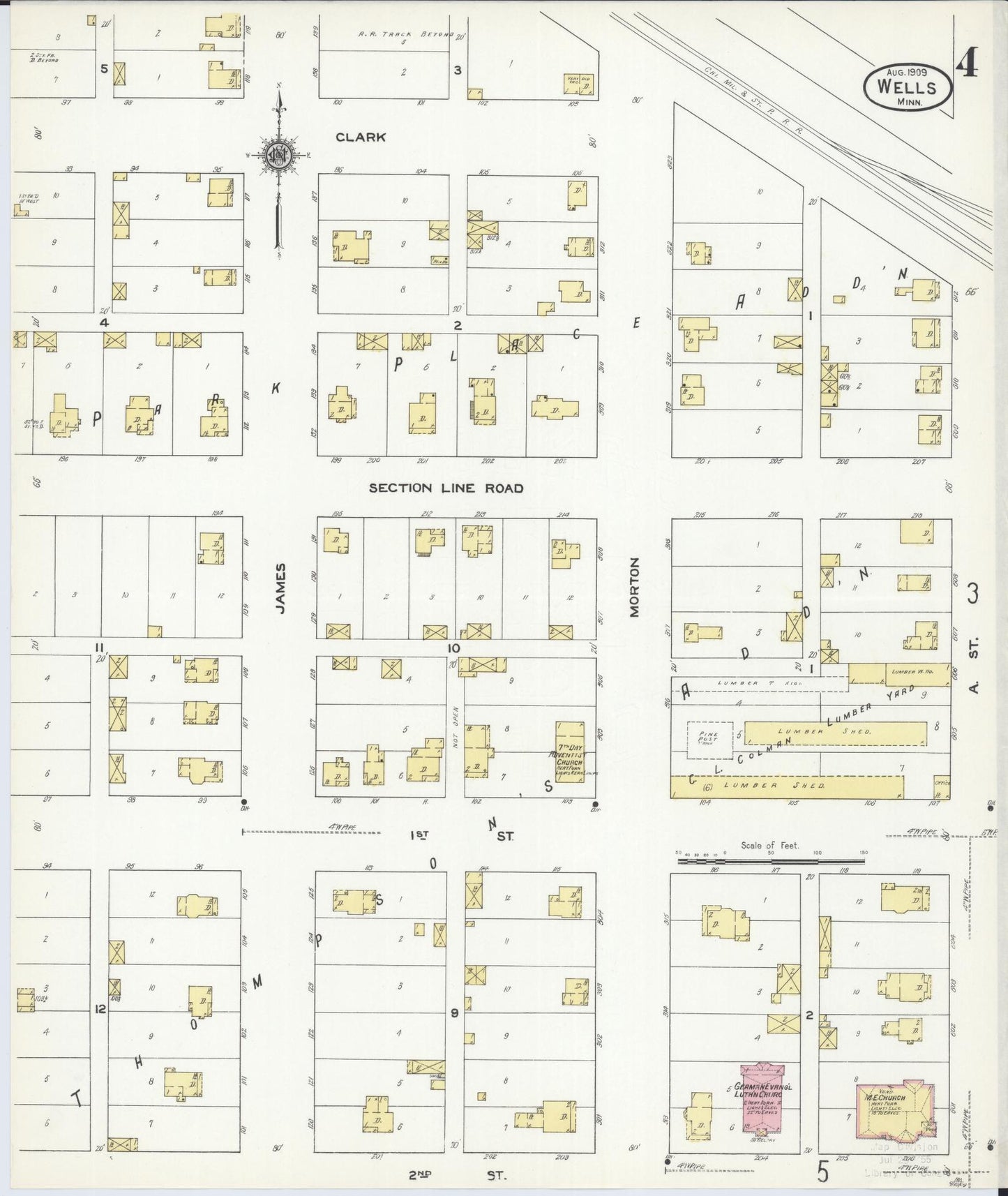 Sanborn Fire Insurance Map from Wells, Faribault County, Minnesota (1909), Sheet #0004 - Historic Sanborn Fire Insurance Map Print, vintage old map wall art, antique decor, genealogy gift, Minnesota Minnesota map