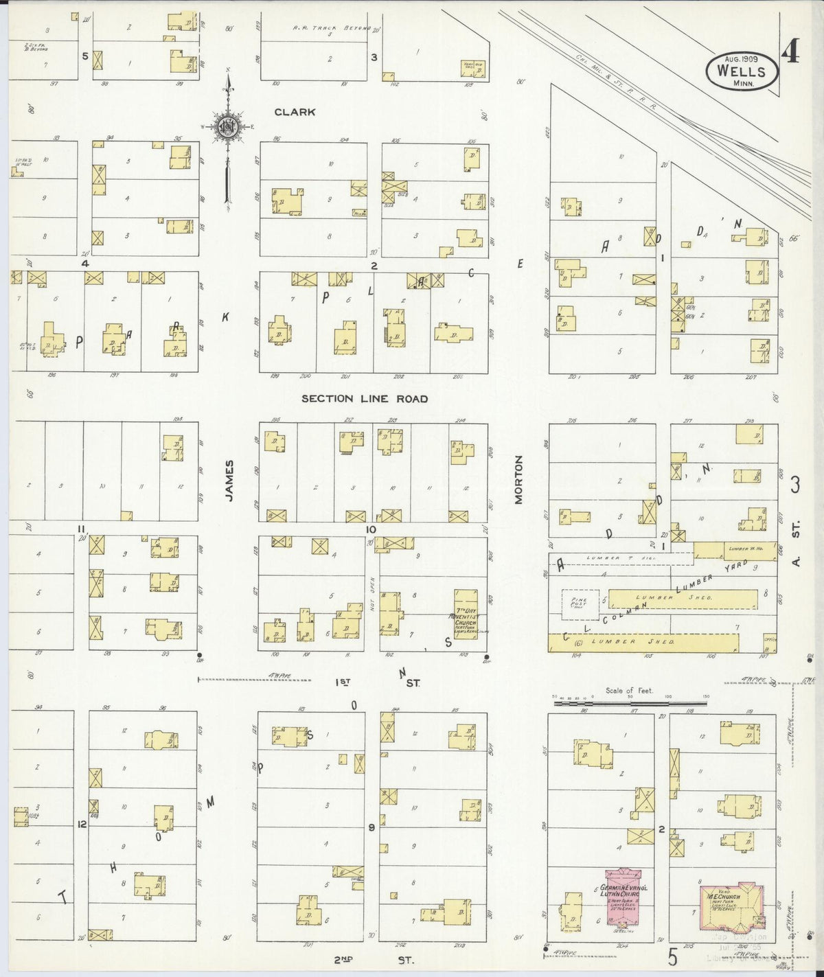 Sanborn Fire Insurance Map from Wells, Faribault County, Minnesota (1909), Sheet #0004 - Historic Sanborn Fire Insurance Map Print, vintage old map wall art, antique decor, genealogy gift, Minnesota Minnesota map