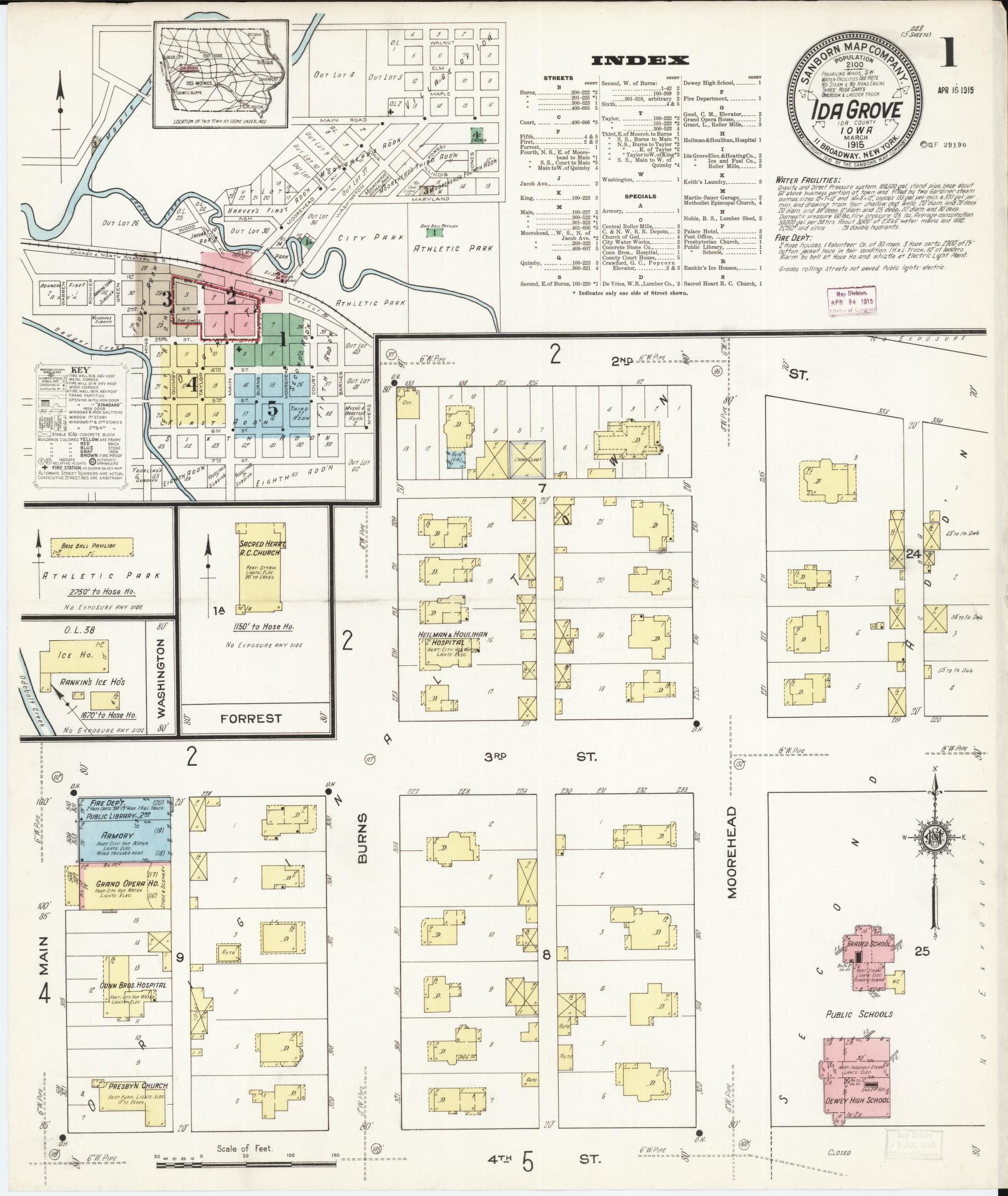 Sanborn Fire Insurance Map from Ida Grove, Ida County, Iowa (1915), Sheet #0001 - Historic Sanborn Fire Insurance Map Print, vintage old map wall art