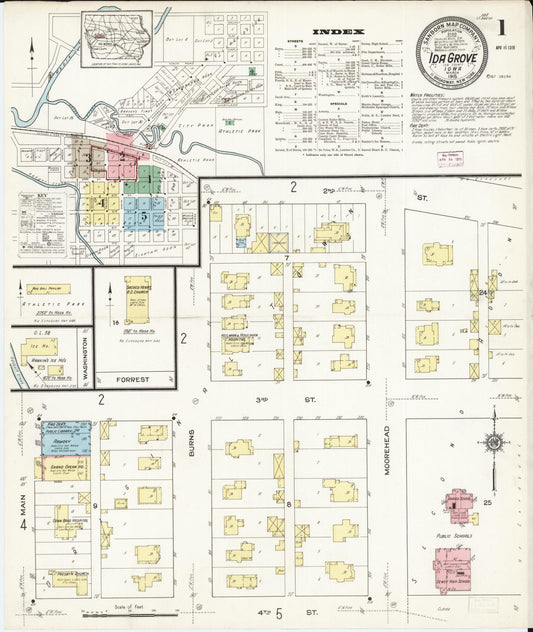 Sanborn Fire Insurance Map from Ida Grove, Ida County, Iowa (1915), Sheet #0001 - Historic Sanborn Fire Insurance Map Print, vintage old map wall art