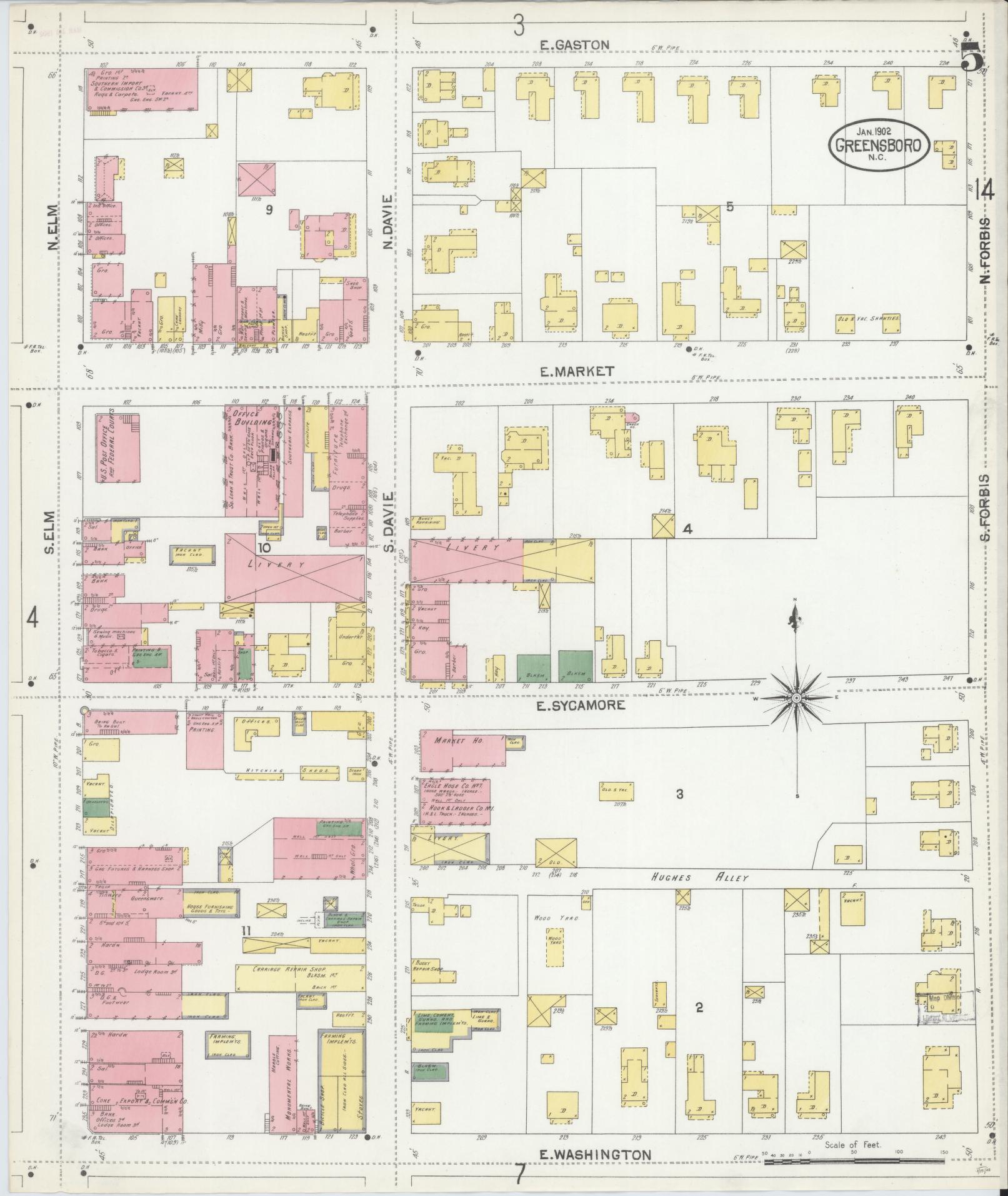 Sanborn Fire Insurance Map from Greensboro, Guilford County, North Carolina (1902), Sheet #0005 - Historic Sanborn Fire Insurance Map Print, vintage old map wall art, antique decor, genealogy gift, North Carolina North Carolina map