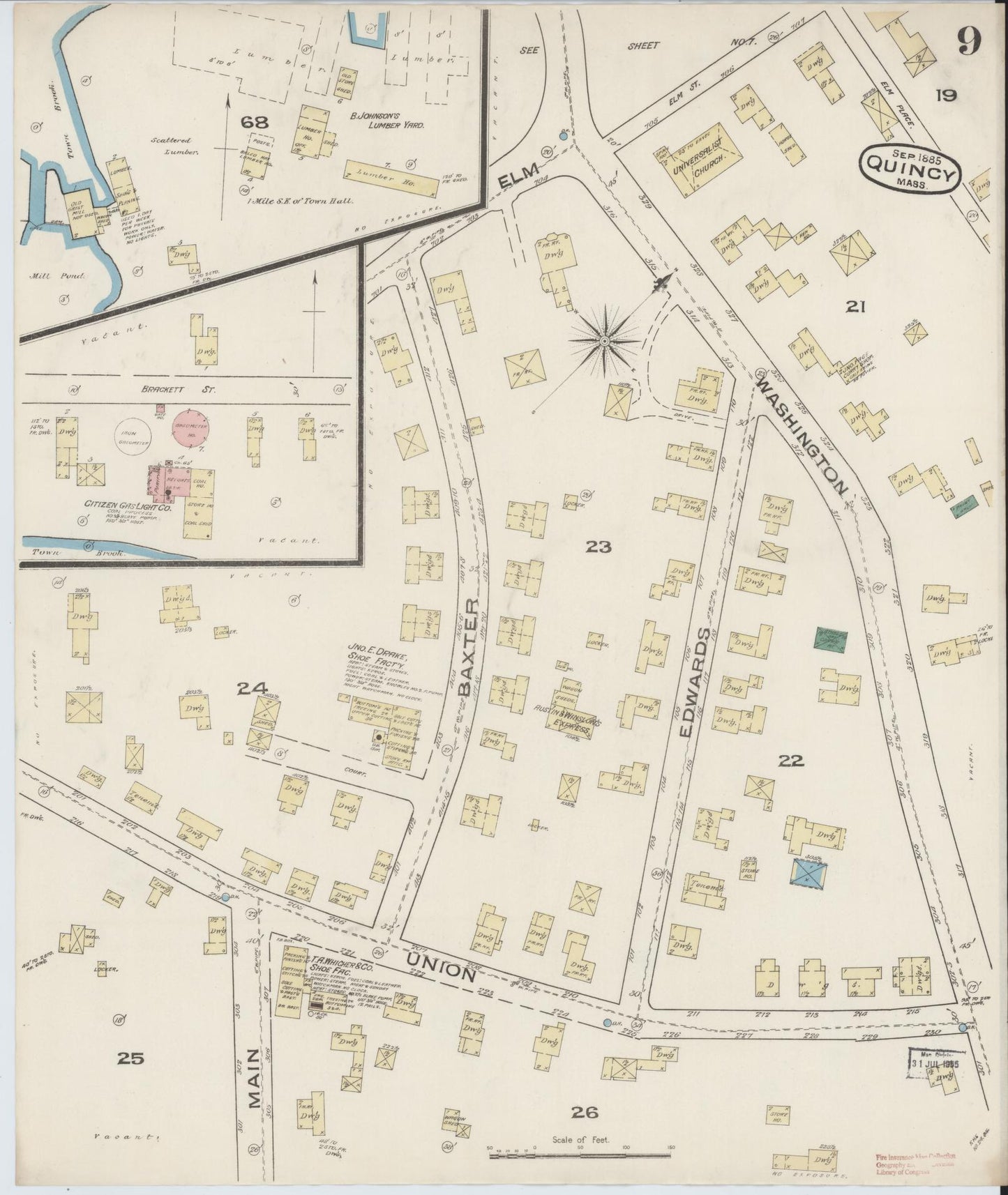 Sanborn Fire Insurance Map from Quincy, Norfolk County, Massachusetts (1885), Sheet #0009 - Historic Sanborn Fire Insurance Map Print, vintage old map wall art, antique decor, genealogy gift, Massachusetts Massachusetts map