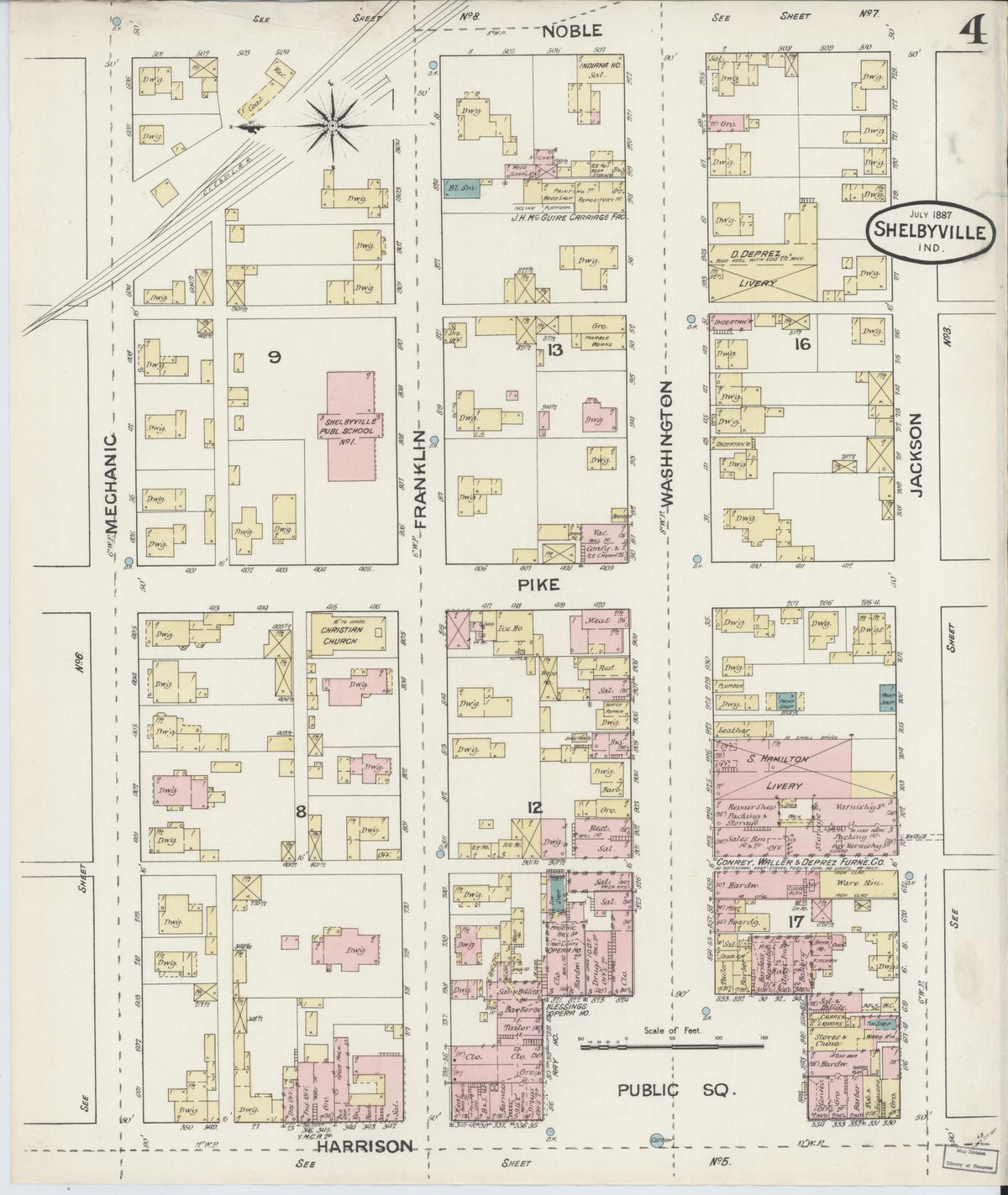 Sanborn Fire Insurance Map from Shelbyville, Shelby County, Indiana (1887), Sheet #0004 - Historic Sanborn Fire Insurance Map Print, vintage old map wall art, antique decor, genealogy gift, Indiana Indiana map