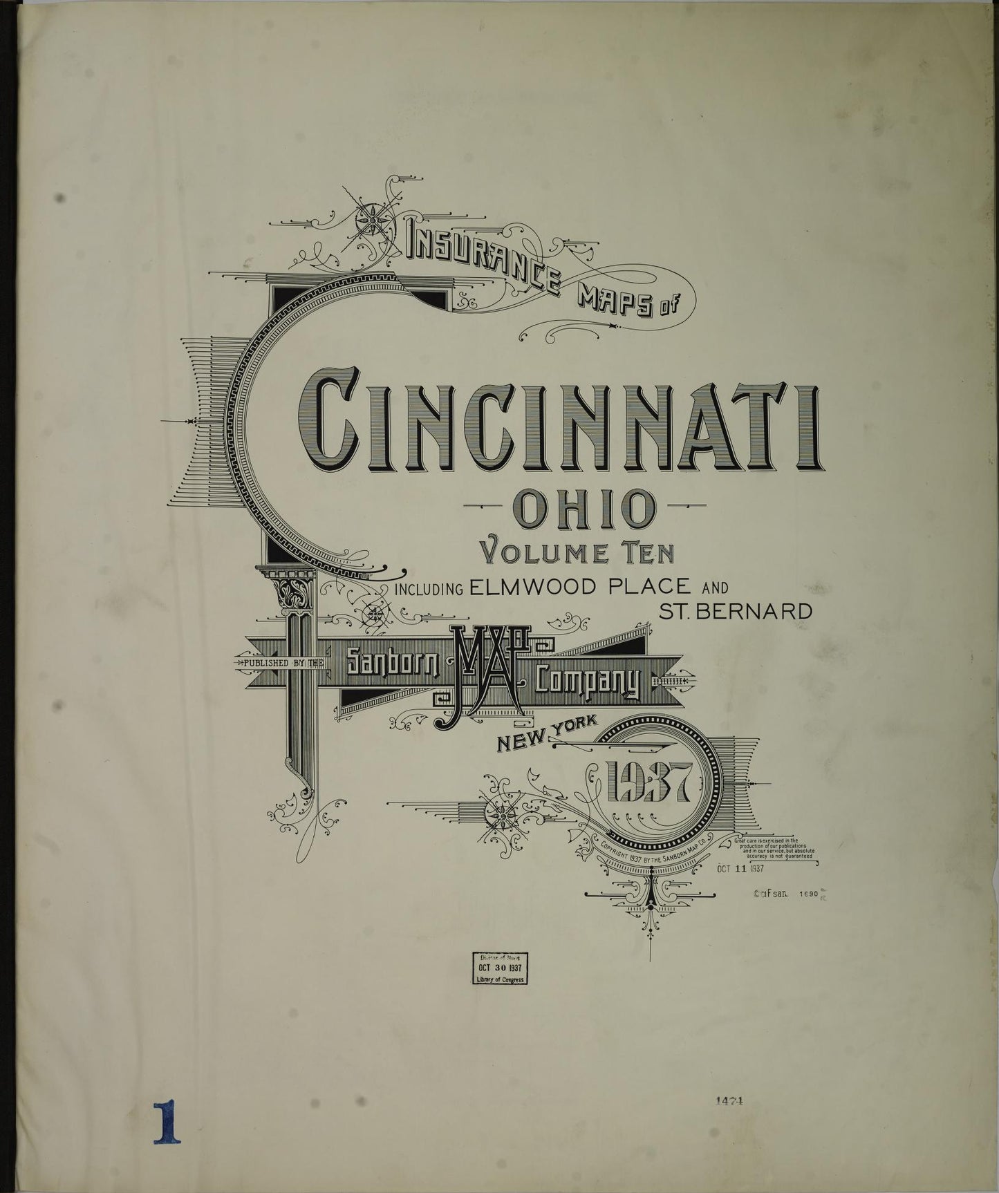 Sanborn Fire Insurance Map from Cincinnati, Hamilton County, Ohio (1937), Sheet #0001 - Complete Map Set gallery image, historic Sanborn map, vintage wall art, Ohio Ohio