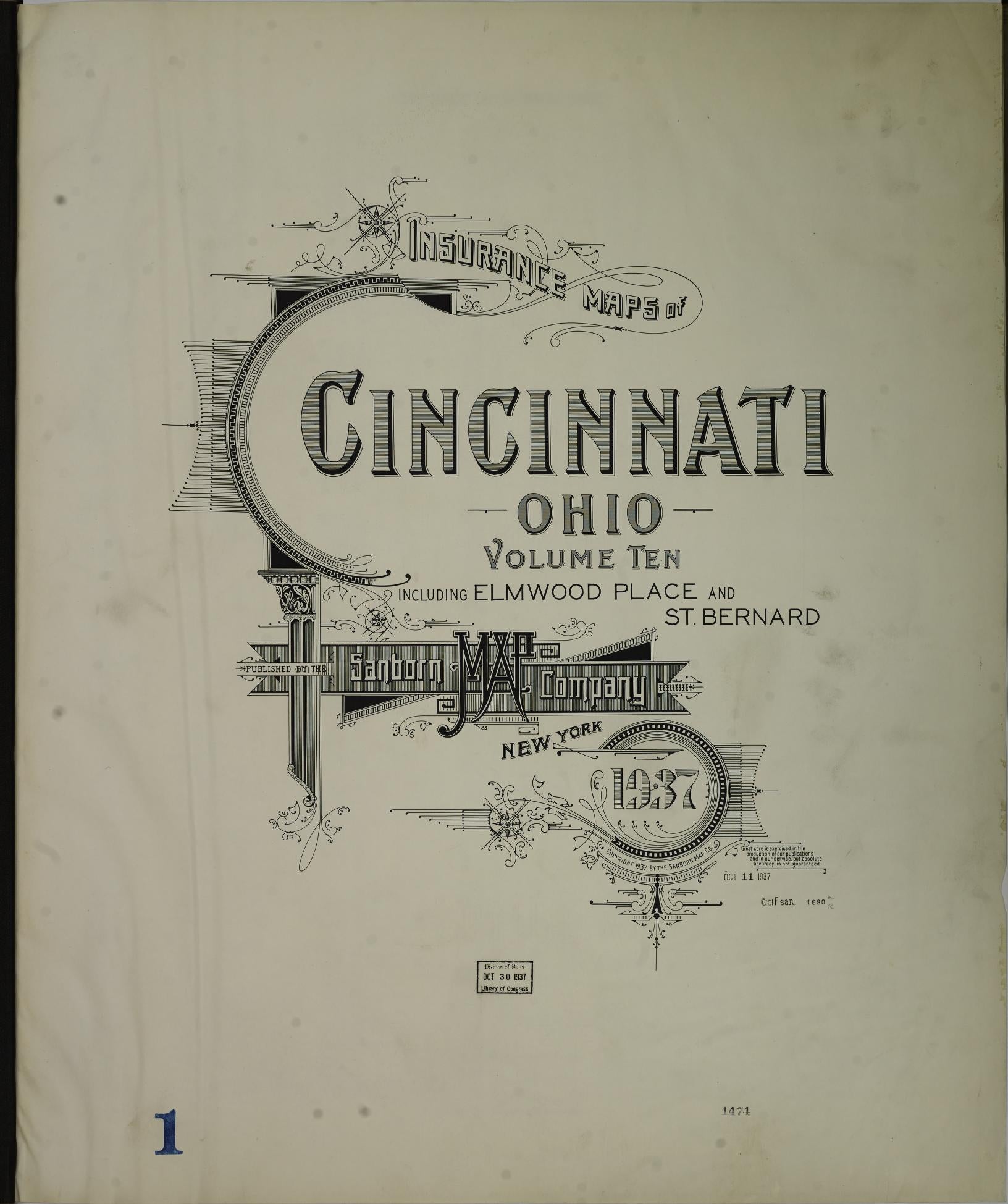 Sanborn Fire Insurance Map from Cincinnati, Hamilton County, Ohio (1937), Sheet #0001 - Complete Map Set gallery image, historic Sanborn map, vintage wall art, Ohio Ohio