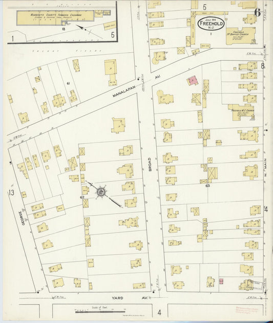 Sanborn Fire Insurance Map from Freehold, Monmouth County, New Jersey (1916), Sheet #0006 - Historic Sanborn Fire Insurance Map Print, vintage old map wall art, antique decor, genealogy gift, New Jersey New Jersey map