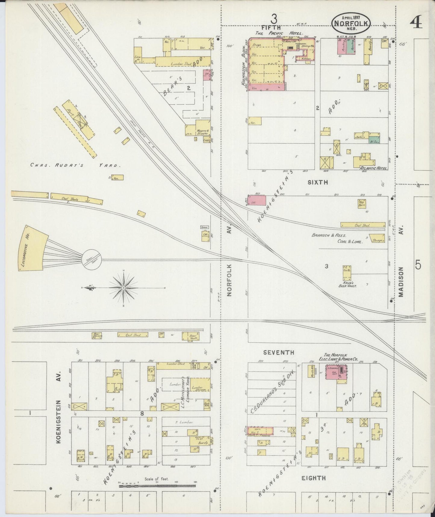 Sanborn Fire Insurance Map from Norfolk, Madison County, Nebraska (1897), Sheet #0004 - Complete Map Set gallery image, historic Sanborn map, vintage wall art, Nebraska Nebraska