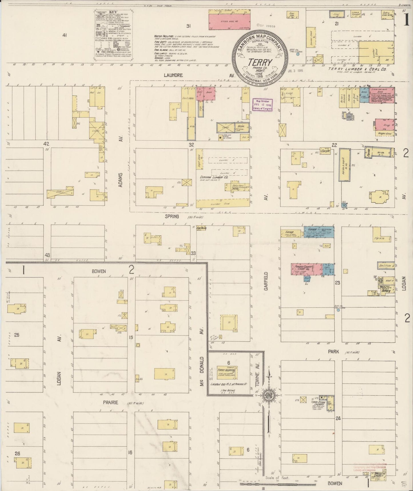 Sanborn Fire Insurance Map from Terry, Prairie County, Montana (1916), Sheet #0001 - Complete Map Set gallery image, historic Sanborn map, vintage wall art, Montana Montana