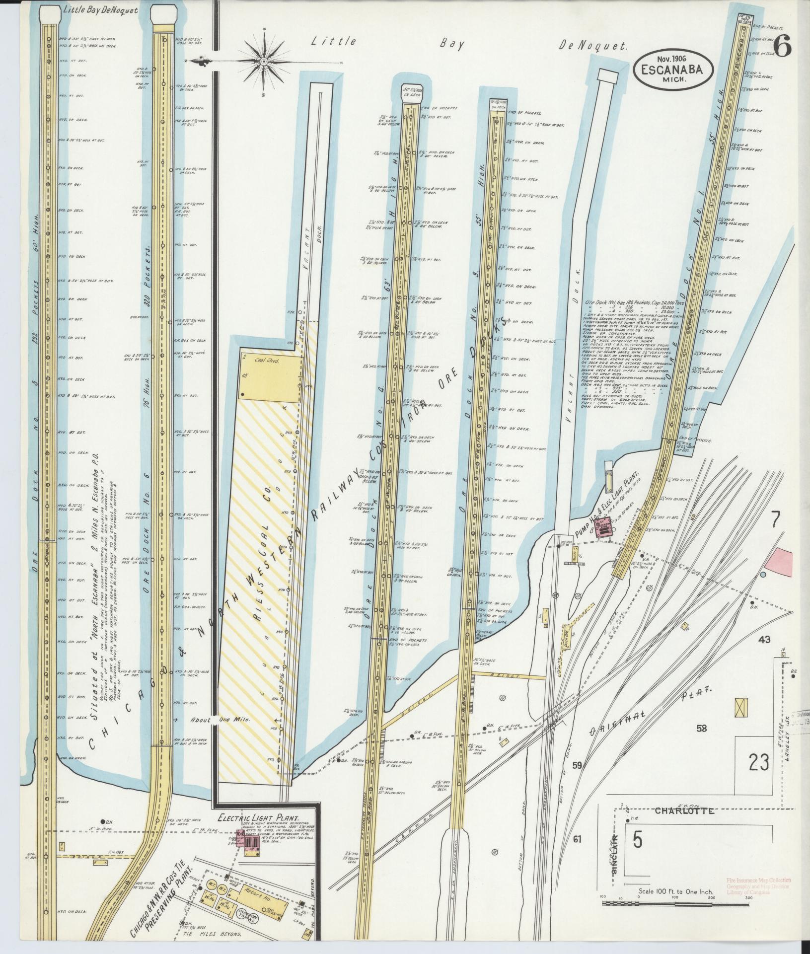 Sanborn Fire Insurance Map from Escanaba, Delta County, Michigan (1906), Sheet #0006 - Historic Sanborn Fire Insurance Map Print, vintage old map wall art, antique decor, genealogy gift, Michigan Michigan map