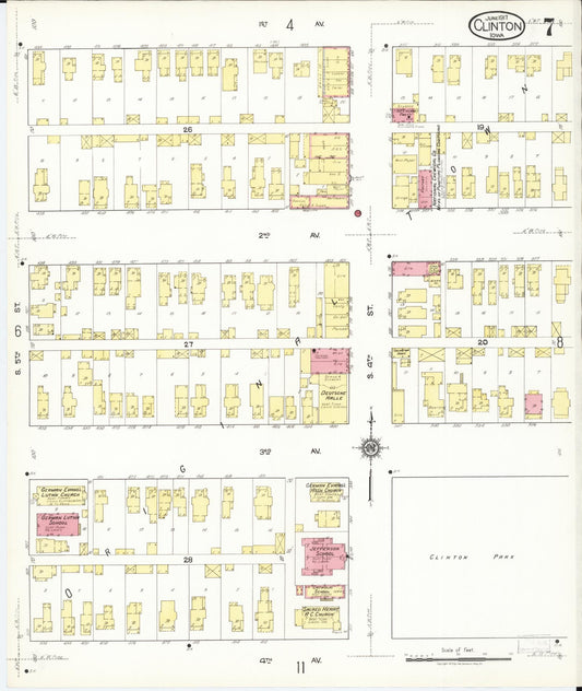 Sanborn Fire Insurance Map from Clinton, Clinton County, Iowa (1917), Sheet #0007 - Historic Sanborn Fire Insurance Map Print, vintage old map wall art