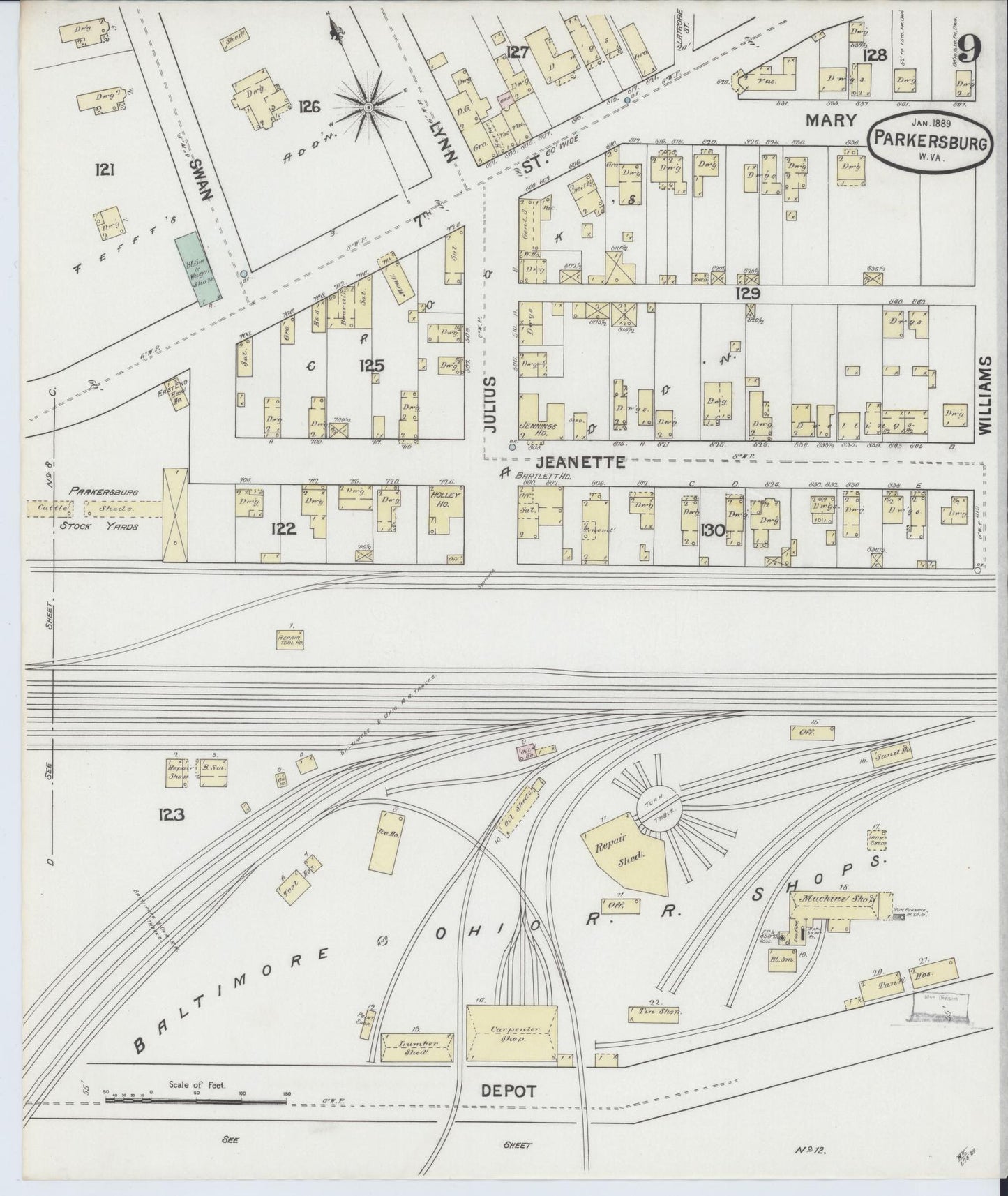 Sanborn Fire Insurance Map from Parkersburg, Wood County, West Virginia (1889), Sheet #0009 - Complete Map Set gallery image, historic Sanborn map, vintage wall art, West Virginia West Virginia