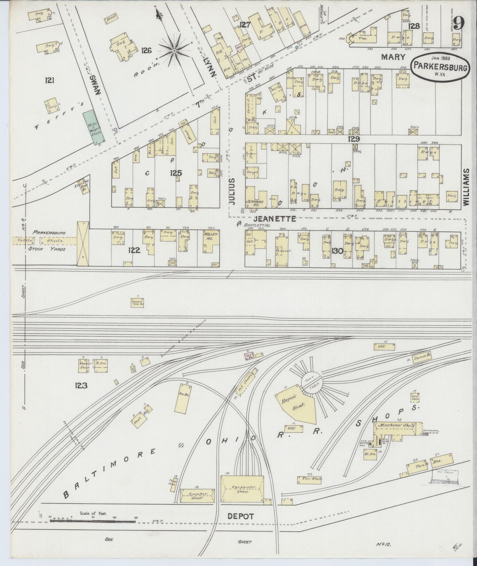 Sanborn Fire Insurance Map from Parkersburg, Wood County, West Virginia (1889), Sheet #0009 - Complete Map Set gallery image, historic Sanborn map, vintage wall art, West Virginia West Virginia