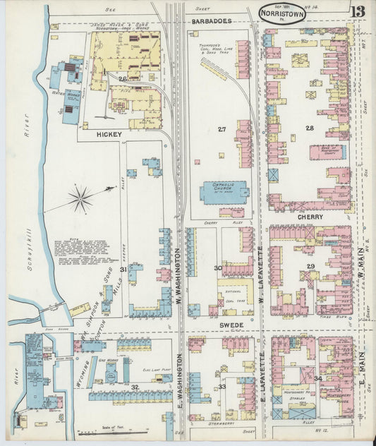 Sanborn Fire Insurance Map from Norristown, Montgomery County, Pennsylvania (1891), Sheet #0013 - Historic Sanborn Fire Insurance Map Print, vintage old map wall art, antique decor, genealogy gift, Pennsylvania Pennsylvania map